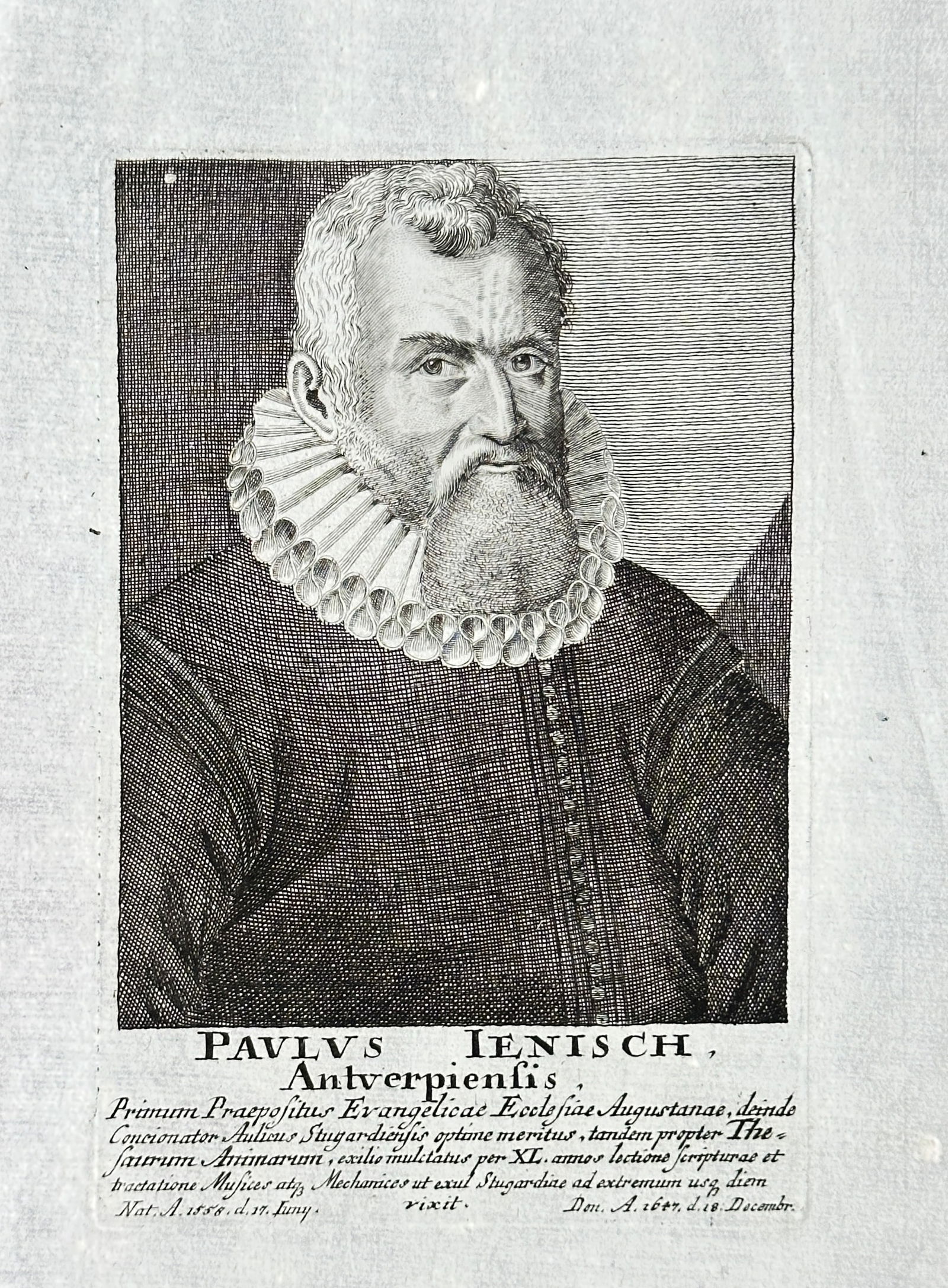 Jacob Matham (1571–1631) – Portrait of Paulus Jenisch – Engraving (c. 1600): This detailed engraving by Jacob Matham presents a half-length portrait of Paulus Jenisch of Antwerp, a distinguished merchant and esteemed citizen of his time. Jenisch is depicted facing forward with