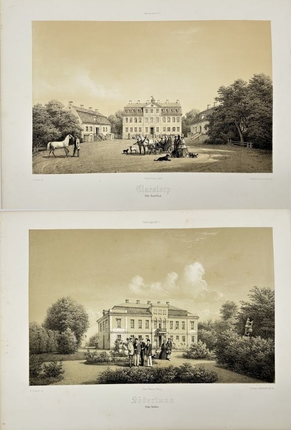 Ferdinand Richardt – Set of 2 Views: Södertuna Slott & Claestorp Slott – Chromolithographs: This set of two chromolithographs originates from Ferdinand Richardt’s Herregårdar uti Södermanland (Manors in Södermanland), published by Albert Bonniers Förlag in Köpenhamn in 1869. The print