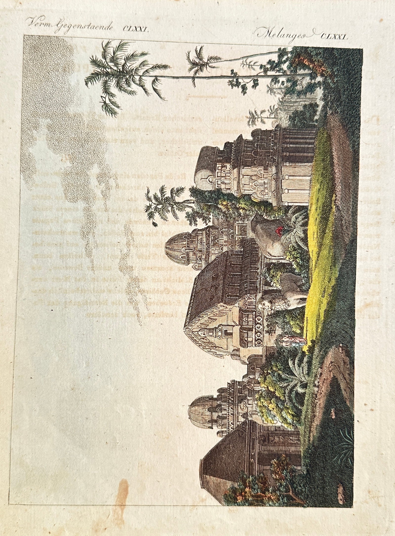 Friedrich Justin Bertuc – Ancient Asian Temple Complex with Elephant – Hand-Colored Engraving: This captivating hand-colored engraving presents a picturesque view of an ancient Asian temple complex, nestled within a lush, tropical landscape. Several architectural structures, possibly temples or