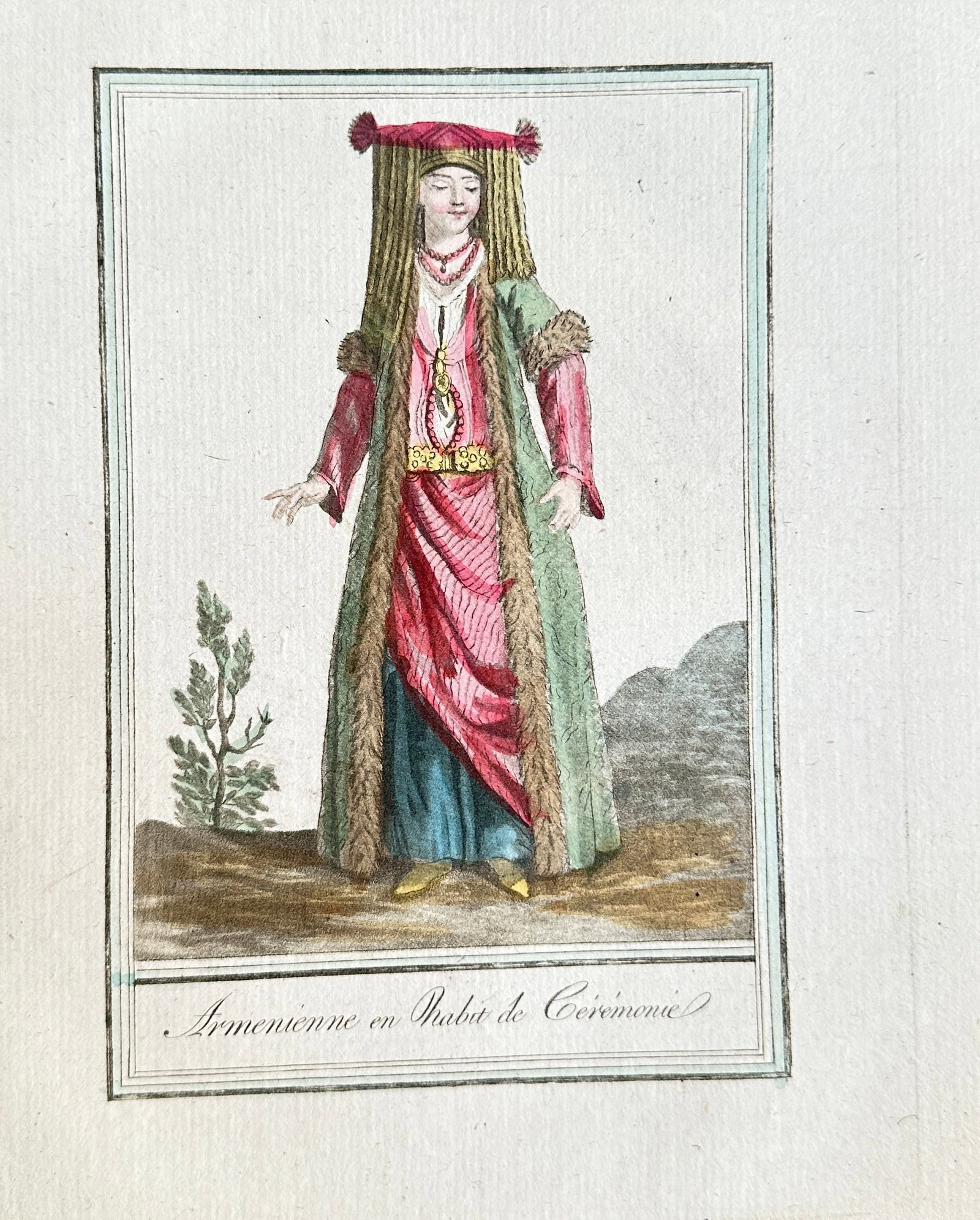 Jacques Grasset de Saint-Sauveur & Labrousse – Armenian Woman in Ceremonial Dress: This exquisite hand-colored engraving, titled "Armenienne en Habit de Cérémonie," portrays a woman in elaborate traditional Armenian ceremonial dress. The figure is depicted with a distinctive tall 