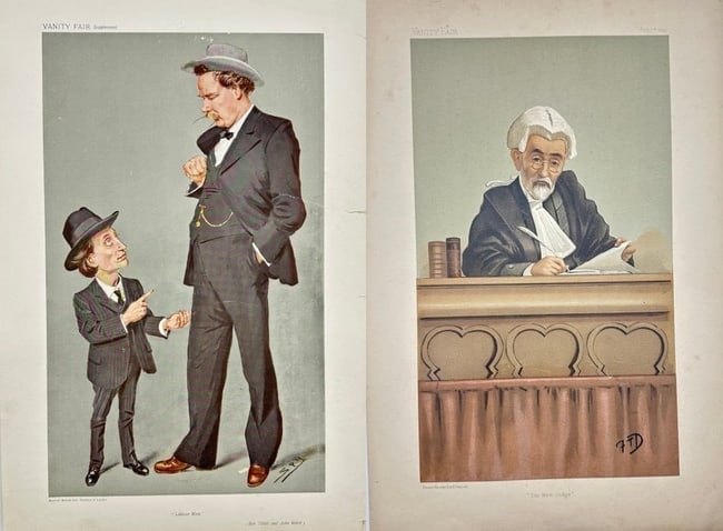 Frederick Dielman & Leslie Ward – Set of 2 Vanity Fair: The New Judge & Labour Man: This set of two original chromolithographs from Vanity Fair features distinct political and social portraits. The first, titled The New Judge, is by Frederick Dielman. Signed “F.D.”, the work