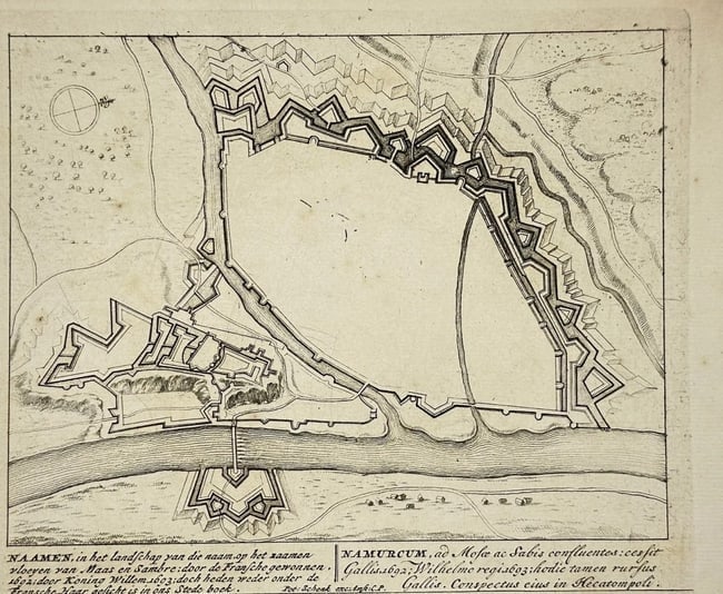 Christoph Weigel the Elder (1654–1725) – Map of Namur, Belgium – Engraving (1702): This finely engraved map by Christoph Weigel the Elder presents the fortified city of Namur (Namen), located at the strategic confluence of the Meuse and Sambre rivers in what is now Belgium. Rendered