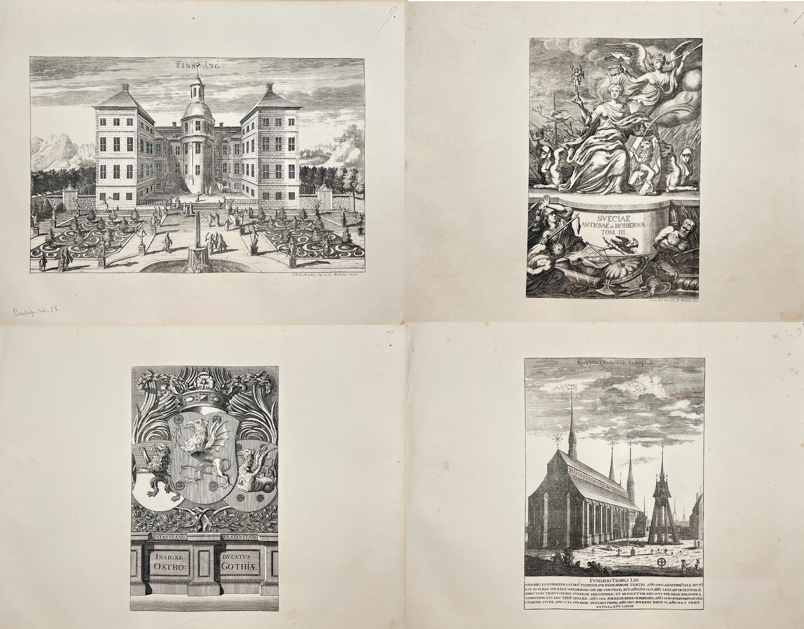 Erik Dahlberg – Set of 4: Topographical Views including Finspangs Castle and Linkoping Cathedral: This set of four original decorative lithographs by Erik Dahlberg presents detailed topographical views from "Suecia antiqua et hodierna" (Ancient and Modern Sweden). The collection includes depiction
