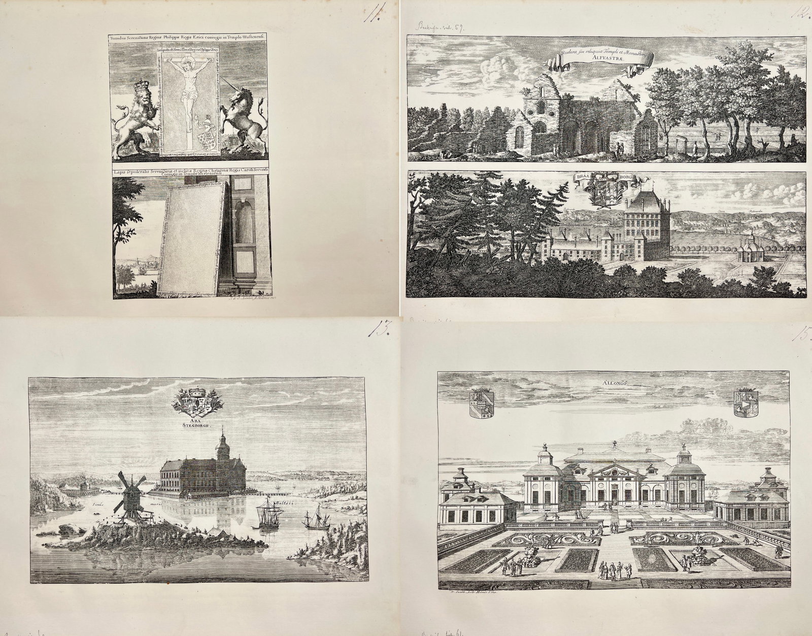 Erik Dahlberg – Set of 4: Topographical Views including Swedish Iconographic and Stegeborg Castle: This set of four original decorative lithographs by Erik Dahlberg presents detailed topographical and iconographic views from "Suecia antiqua et hodierna" (Ancient and Modern Sweden). The collection i
