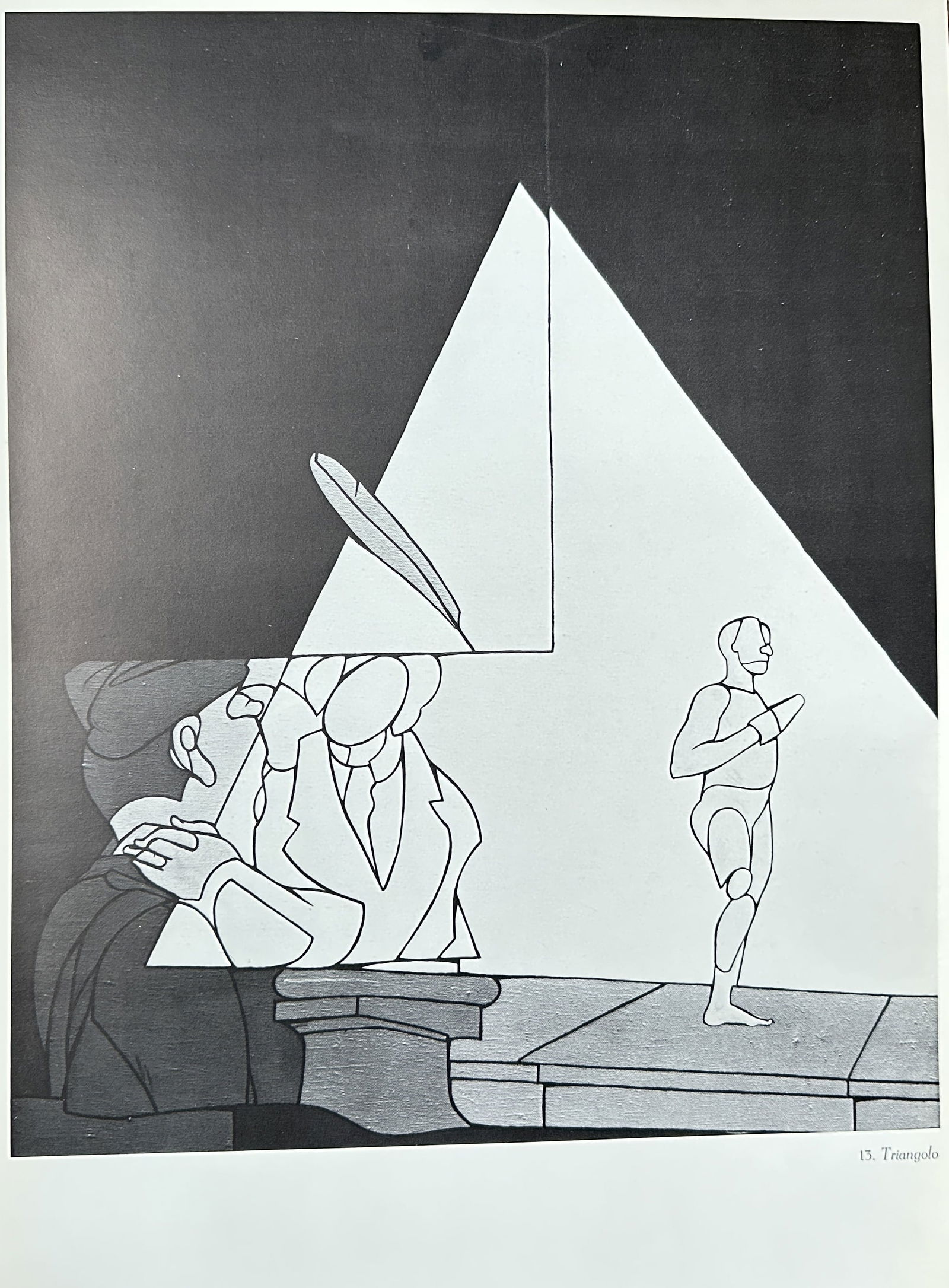 Valerio Adami (1935–) – Triangolo (Triangle) – Original Lithograph (1975): This original 1975 lithograph by Valerio Adami, titled "Triangolo" (Triangle), is characterized by its stark black and white composition and precise geometric forms. A dominant white triangle, represe