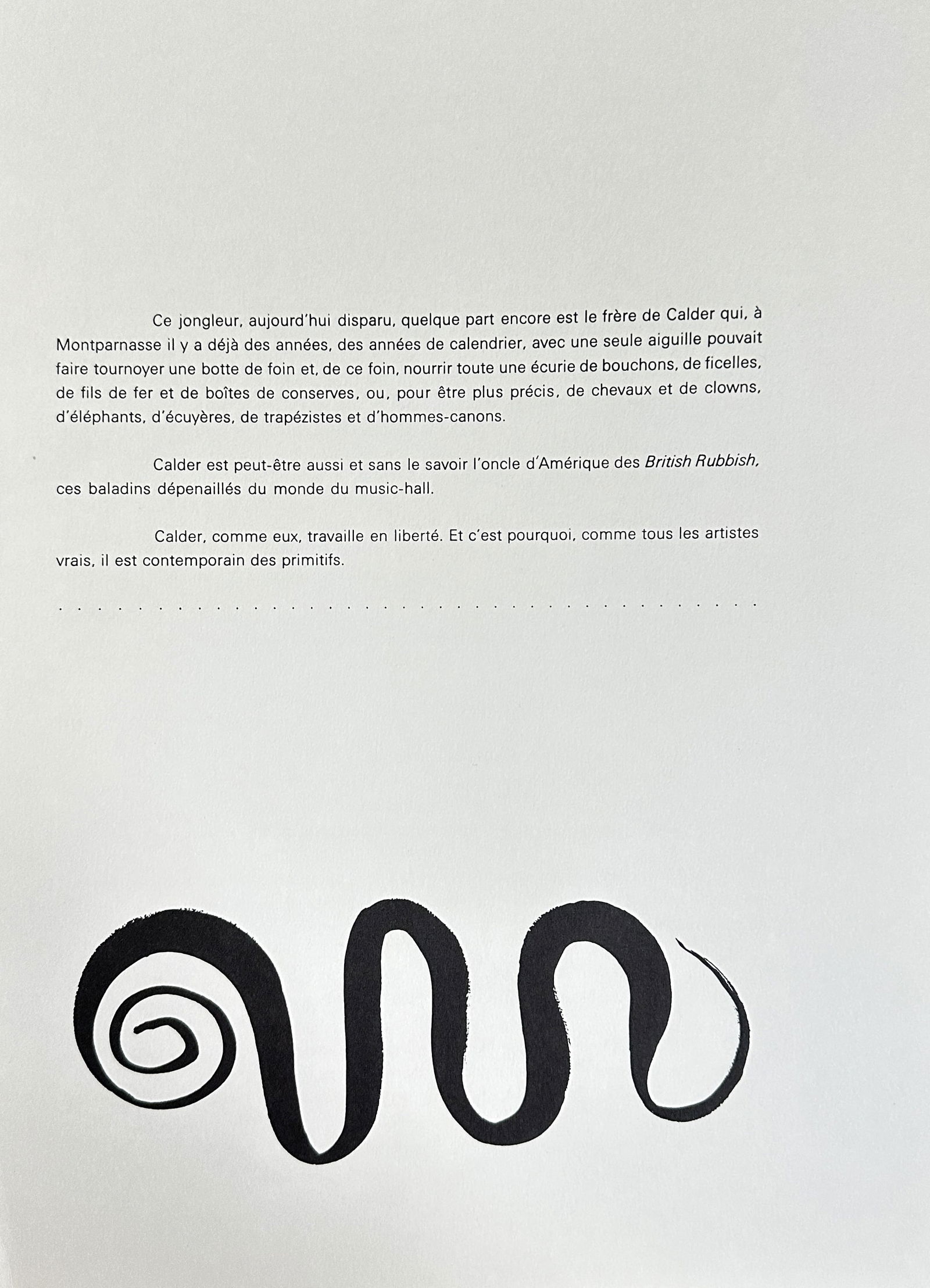 Alexander Calder – Abstract Motif with Text (from Derrière le miroir) – Lithograph (1966): This original mid-20th-century lithograph by Alexander Calder presents a page from the prestigious "Derrière le miroir" (DLM) art magazine. The bottom half of the page features a bold, abstract, and
