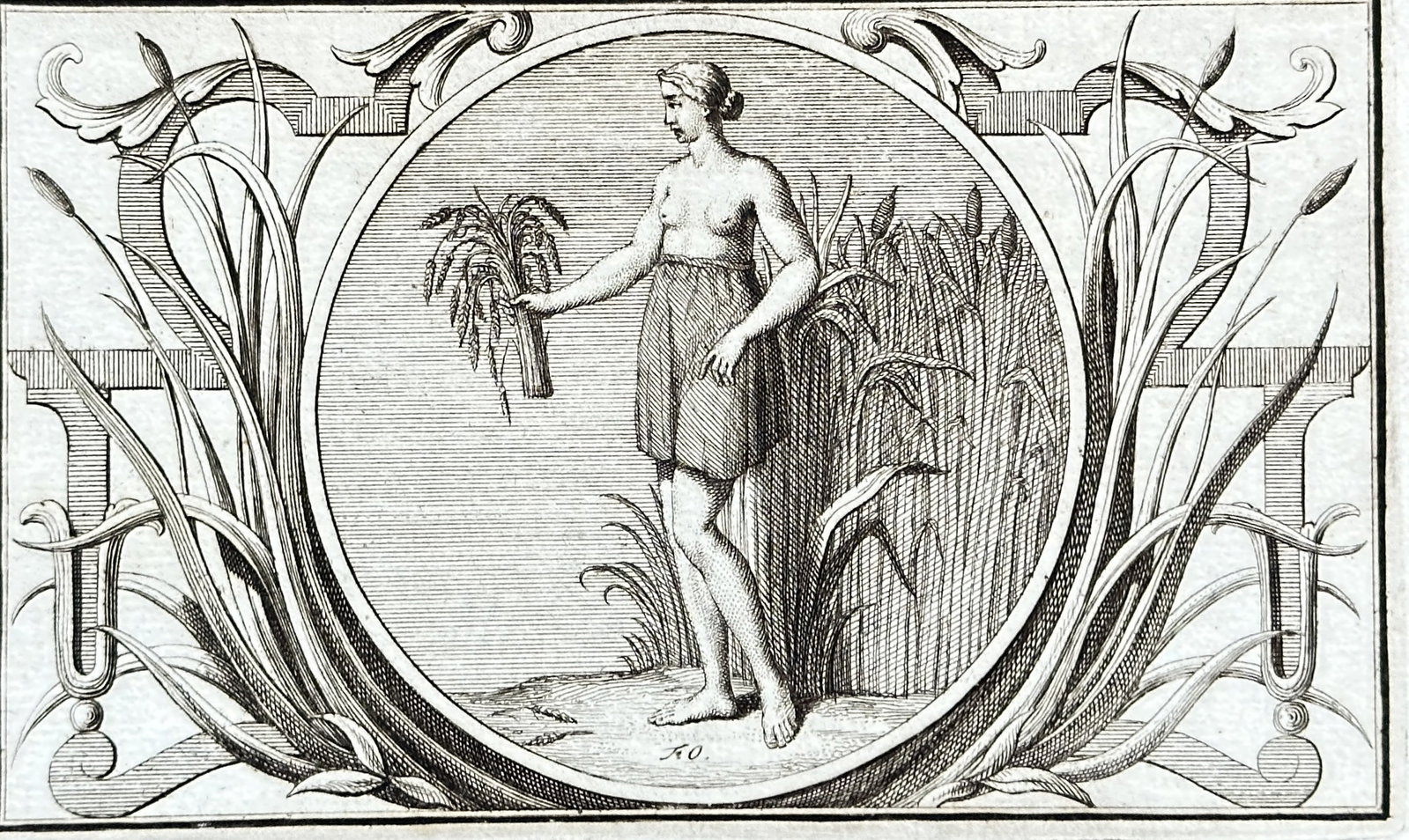 Frederik Ottens (fl. 1730s–1760s) – Allegory of Harvest / Summer – Engraving (circa 1750s): This original 18th-century engraving by Frederik Ottens presents a classical allegory symbolizing harvest or the season of Summer. The central figure is a woman in classical or allegorical attire, hol