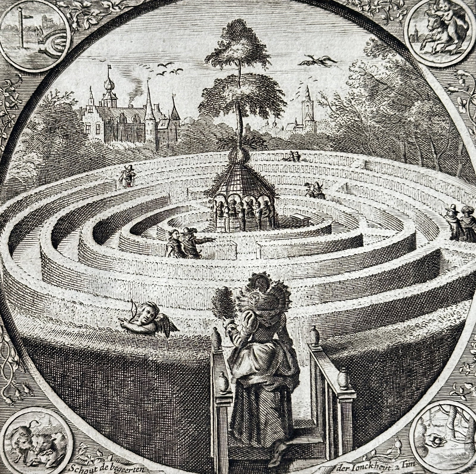Jacob Cats (1577–1660) – The Labyrinth of Love (Wegwyser ten Houwelick) – Engraving – c.: This is an original 17th-century copperplate engraving from the collected works of the celebrated Dutch poet and moralist, Jacob Cats. The print is the frontispiece for "Wegwyser ten Houwelick uyt den