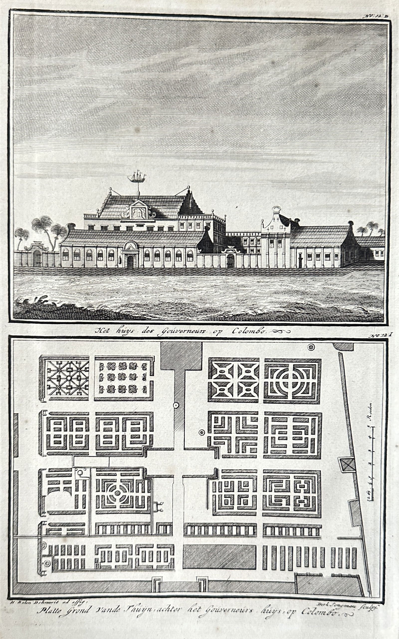 François Valentijn (1666–1727) – The Governor's House at Colombo, Ceylon – Engraving – c.: This original 18th-century copperplate engraving is from François Valentijn’s monumental work "Oud en Nieuw Oost-Indiën" (Old and New East Indies), published in Amsterdam circa 1724-1726. The plat