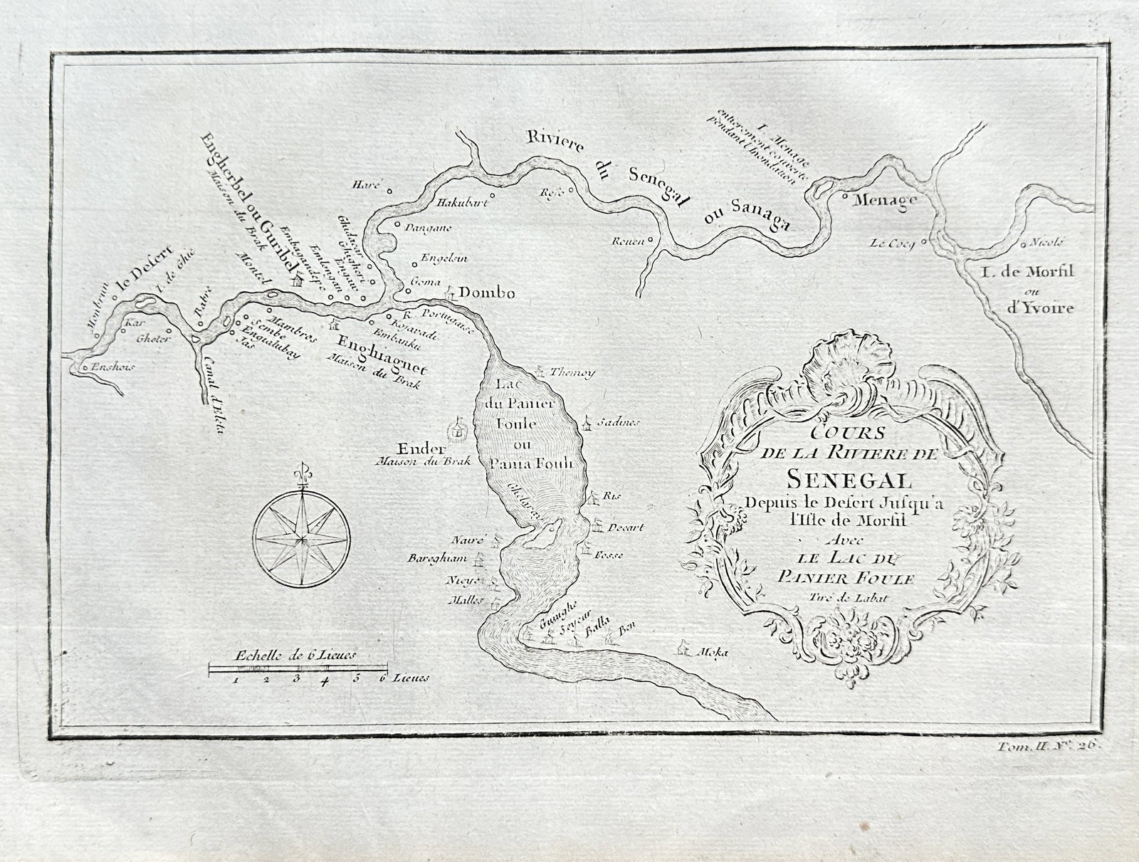 Antoine-François Prévost (1697–1763) – Map of the Senegal River (Upper Course) – Engraving: This original 18th-century engraving by Antoine-François Prévost presents a detailed map titled "COURS DE LA RIVIERE DE SENEGAL" (Course of the Senegal River). The map charts a section of the river,