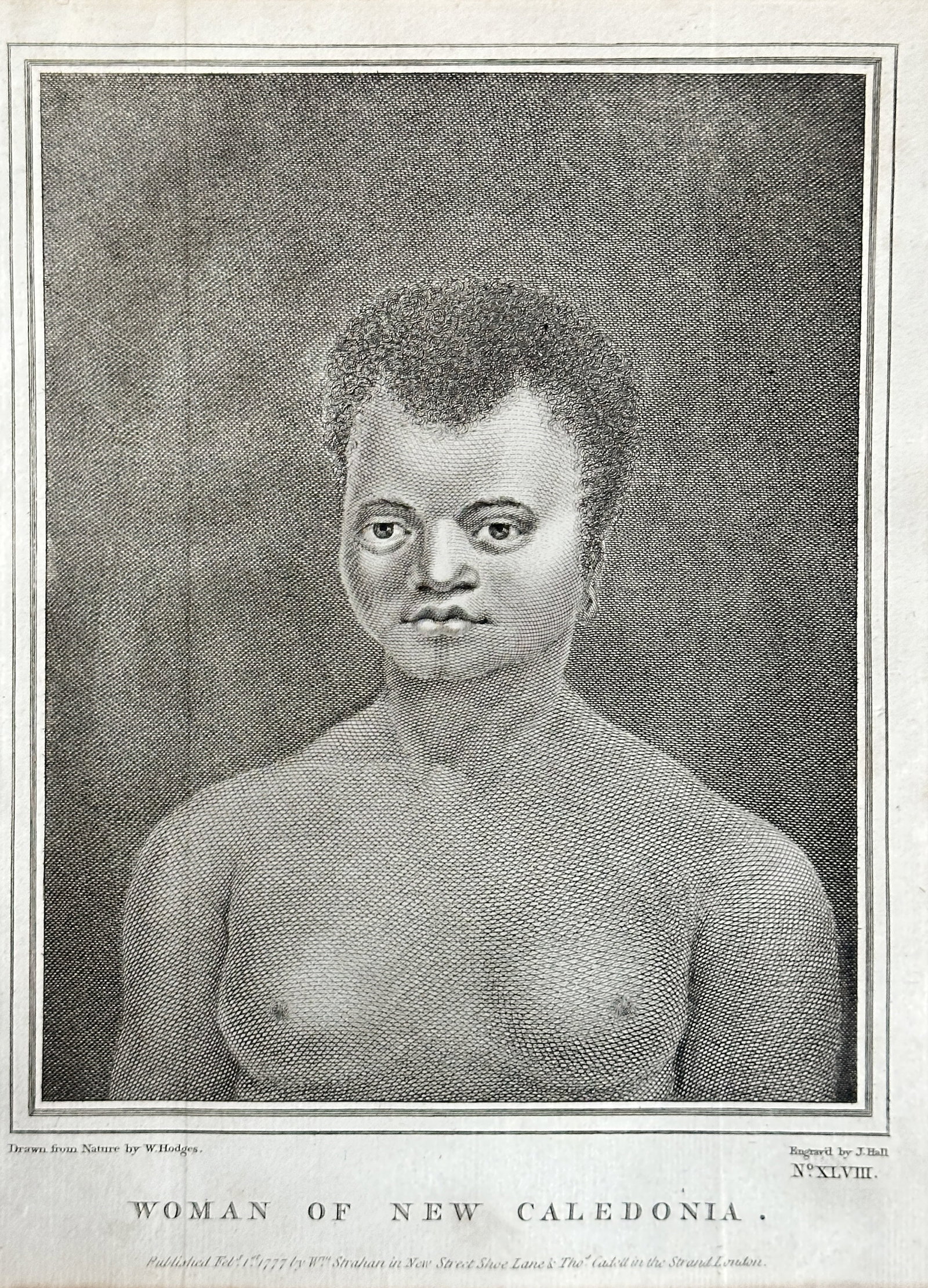 William Hodges (1744–1797) – Woman of New Caledonia – Engraving (1777): This original 18th-century engraving, drawn from nature by William Hodges, presents a portrait of a woman from New Caledonia. The subject is depicted from the chest up, with a distinctive hairstyle an