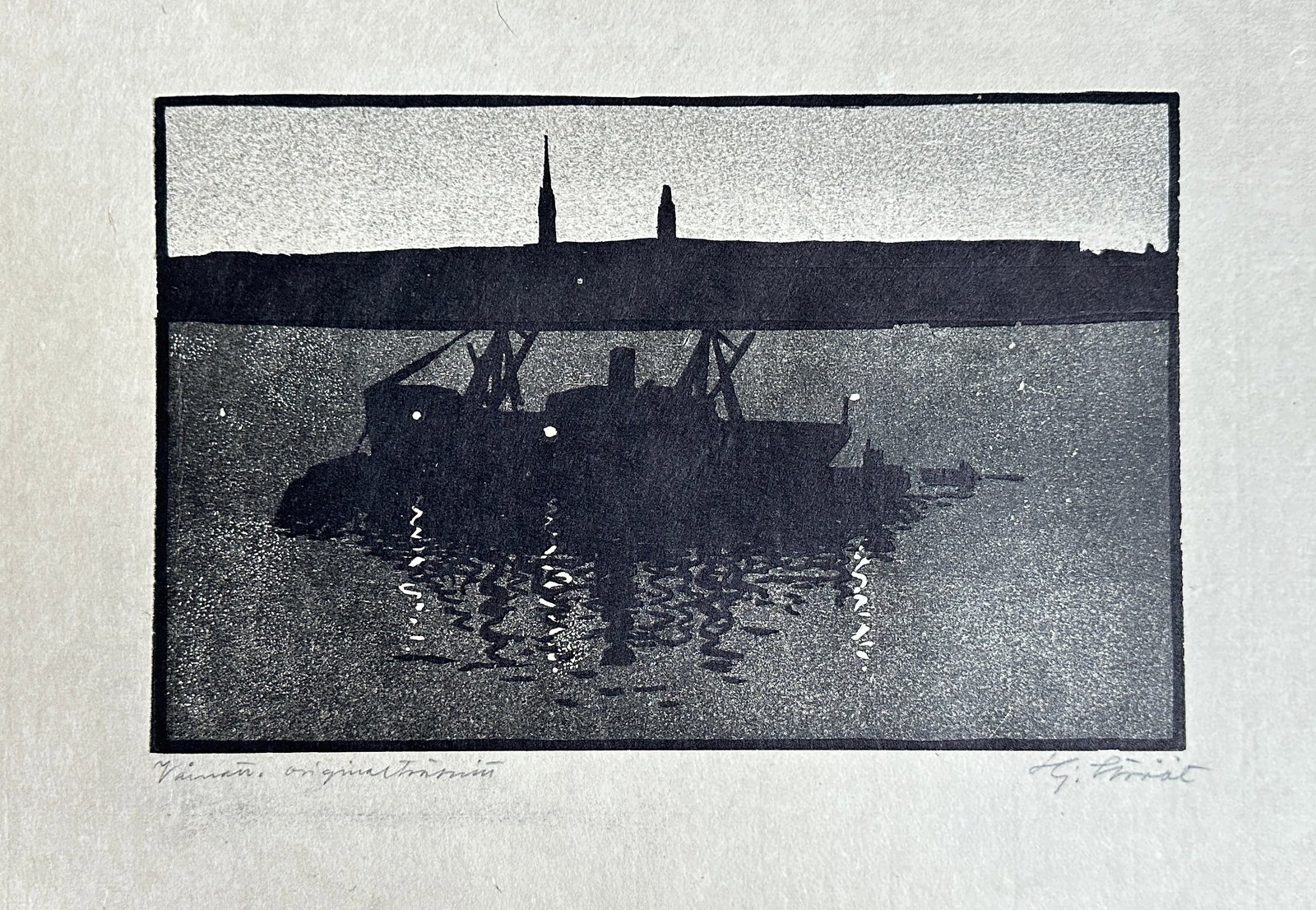 Hjalmar Strååt (1885–1971) – Nightly Silhouette over Water – Woodcut: This woodcut by Hjalmar Strååt presents an evocative nightly view over water, dominated by dark silhouettes against a lighter sky. In the foreground, a dark boat or barge is visible with reflective 