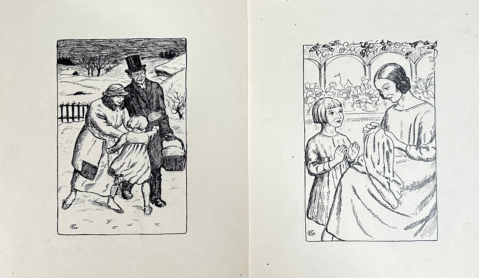 Walter Crane – Set of 2: Winter Scene and Domestic Scene – Wood Engravings (Late 19th Century) (1 of 2)