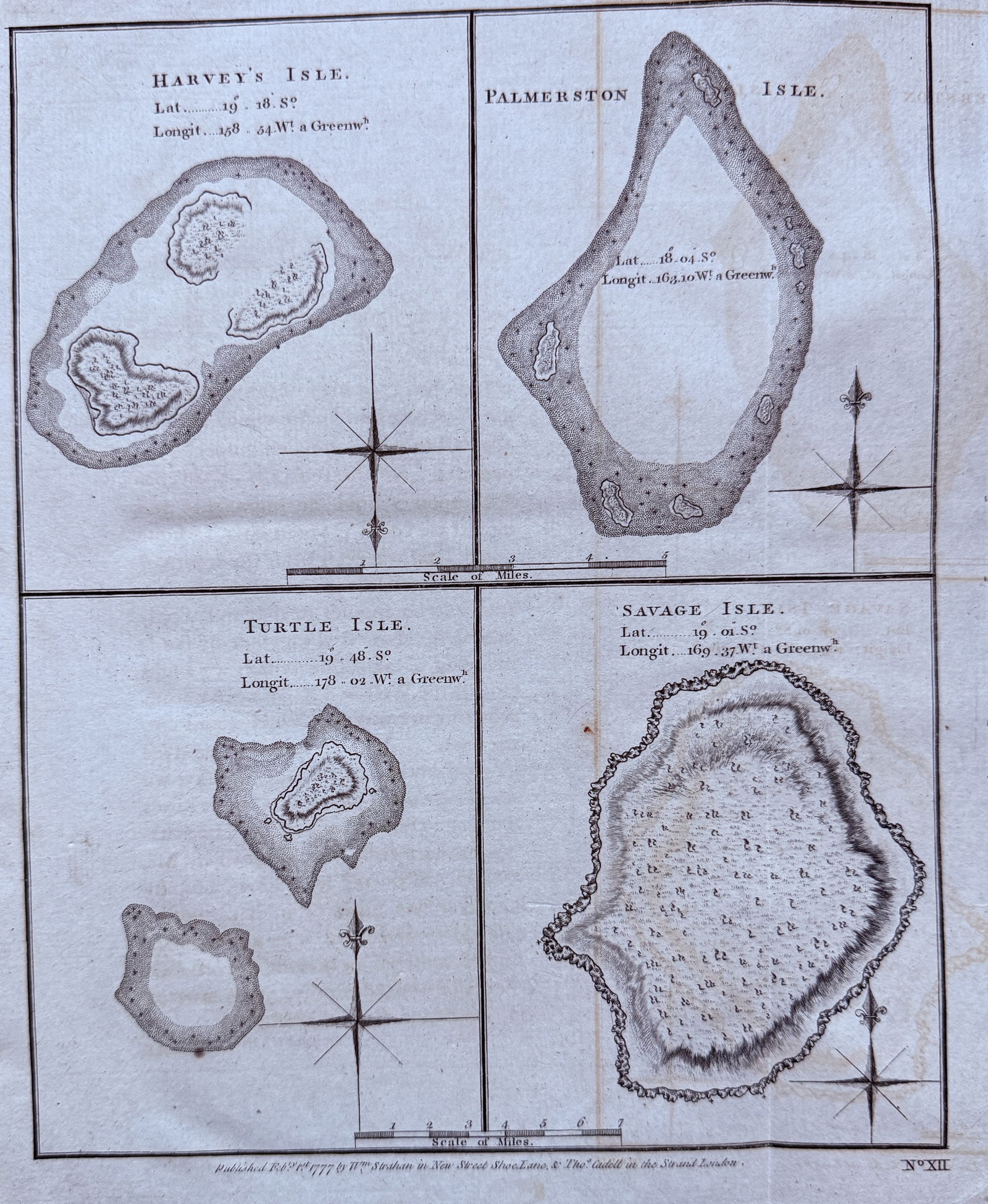 James Cook – Maps of Harvey's, Palmerston, Turtle, and Savage Islands – Copperplate Engraving (1 of 2)