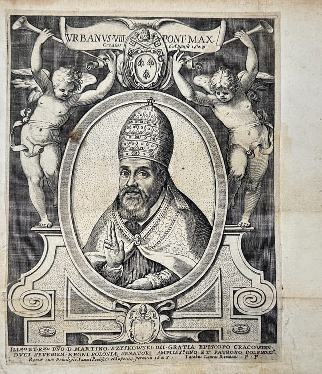 Jacobus Laurus – Portrait of Pope Urban VIII – Copperplate Engraving: This finely detailed copperplate engraving depicts Pope Urban VIII (Maffeo Barberini), whose pontificate from 1623 to 1644 was marked by notable patronage of Baroque art and architecture in Rome. The