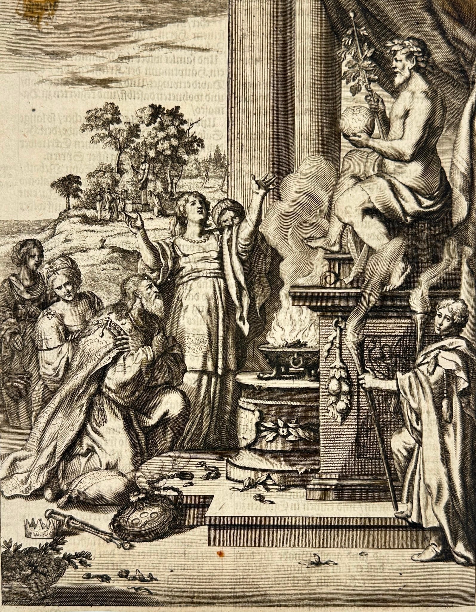 Matthias Scheits – Solomon Worships Ashtoreth – Engraving from the Halma Bible: This biblical engraving from the 1710 Halma Bible illustrates the idolatry of King Solomon, who, swayed by his foreign wives, bows before Ashtoreth, the pagan goddess of the Sidonians. The scene shows