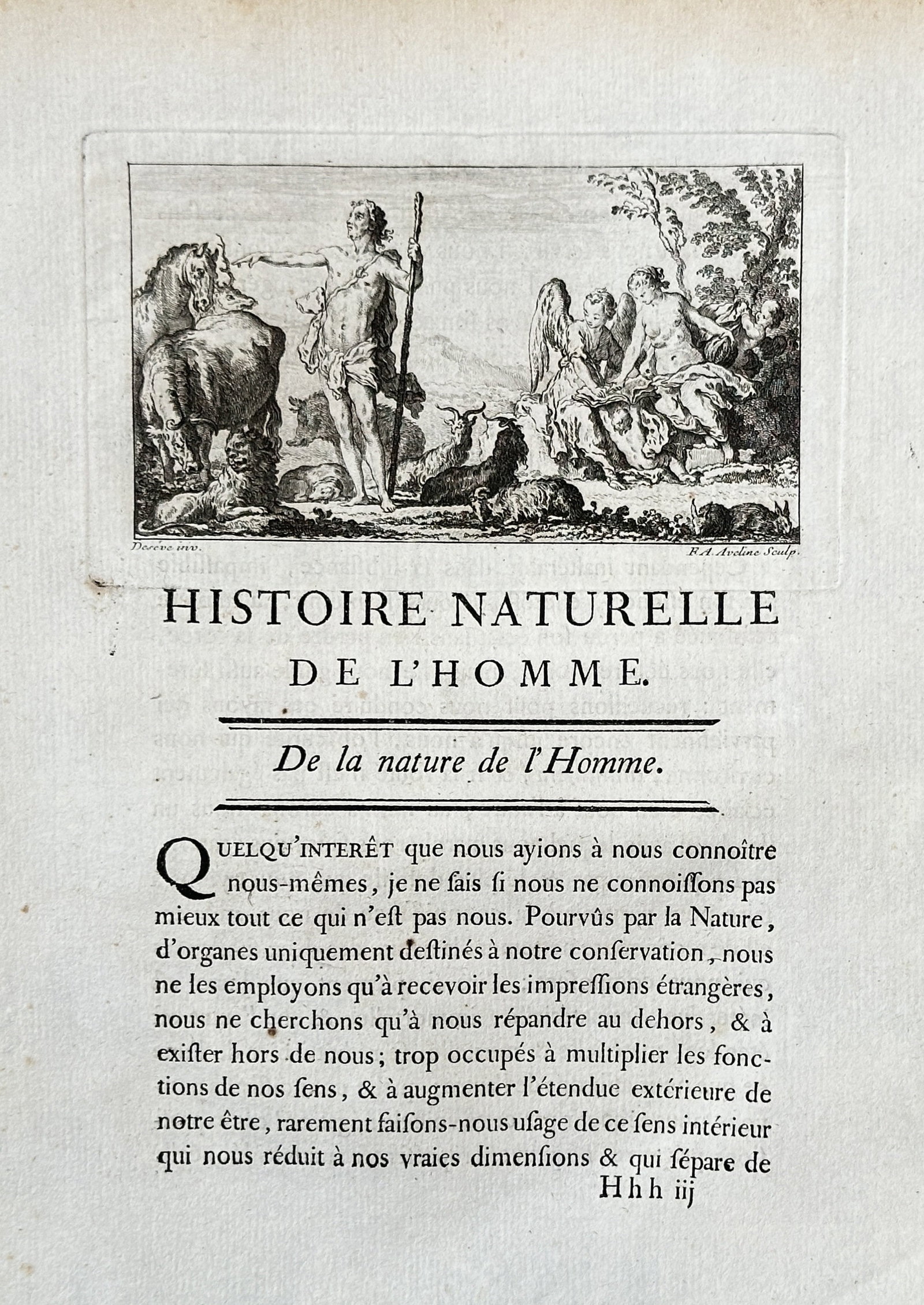 Georges-Louis Leclerc, Comte de Buffon – Frontispiece to Histoire Naturelle de l'Homme –: A title page featuring an engraving that serves as a frontispiece for a volume of Georges-Louis Leclerc, Comte de Buffon's influential work. The engraving depicts an allegorical scene in a pastoral se