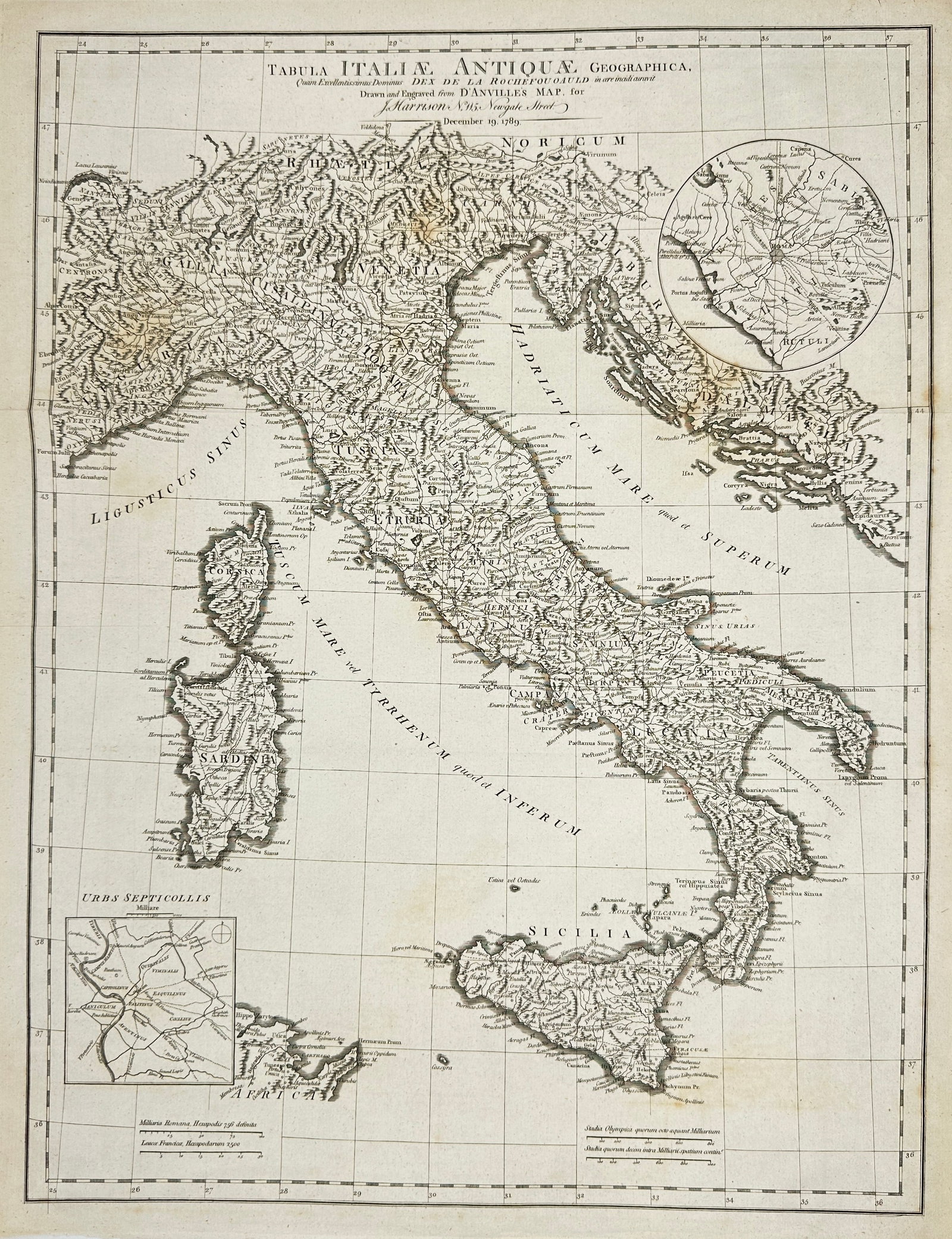 John Harrison – Tabula Italie Antique Geor (Ancient Italy) – Copperplate Engraving (1789): This copperplate engraving by John Harrison, drawn from Jean Baptiste Bourguignon d’Anville’s renowned atlas and published in 1789, presents a detailed map of ancient Italy. The map features geogr