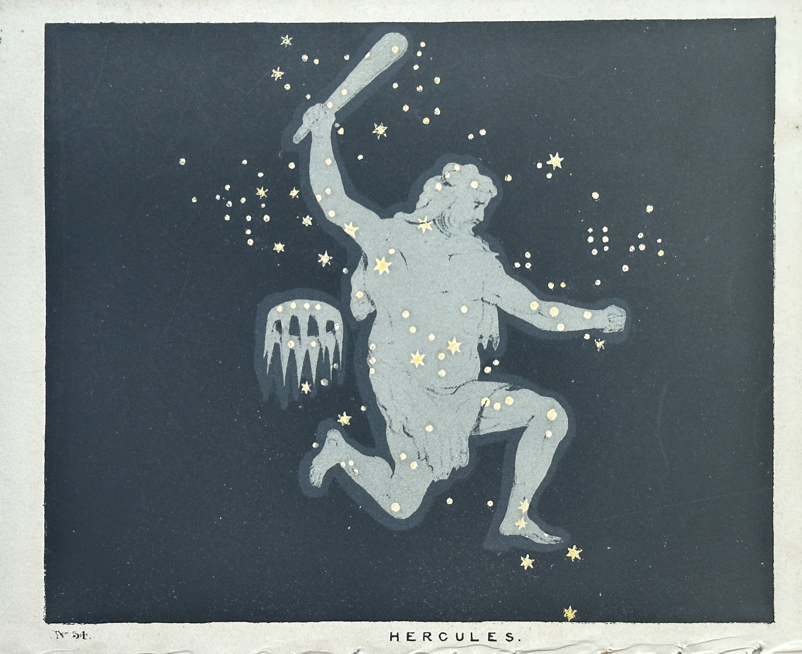 Charles Blunt – Hercules Constellation – Hand-colored Lithograph (circa 1840): This striking hand-colored lithograph, titled "HERCULES.", is Plate N° 37 from Charles Blunt's educational astronomical series, published around 1840. The chart depicts the constellation Hercules as 