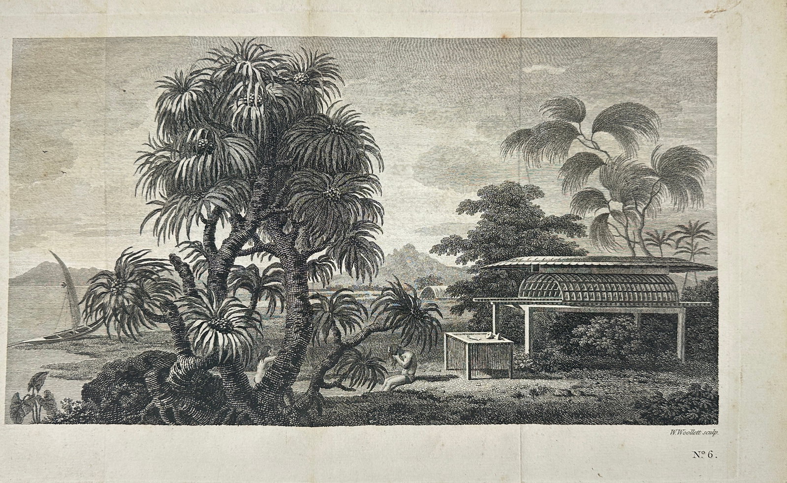 John Hawkesworth – A View in the Island of Huaheine – Original Copperplate Engraving: This copperplate engraving presents a tranquil coastal view of the island of Huaheine (now Huahine, part of French Polynesia), as seen during Captain James Cook’s first Pacific voyage. The compositi