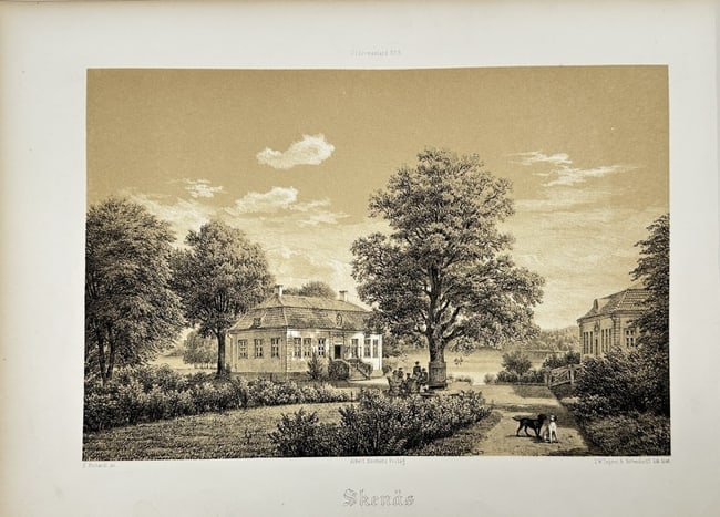 Ferdinand Richardt (1819–1895) – View of Skenäs Garden and Lake, Sweden: This exquisite 19th-century chromolithograph by Ferdinand Richardt depicts the scenic Skenäs garden and lake in Södermanland, Sweden. Part of his renowned series Herregårdar uti Södermanland (Mano