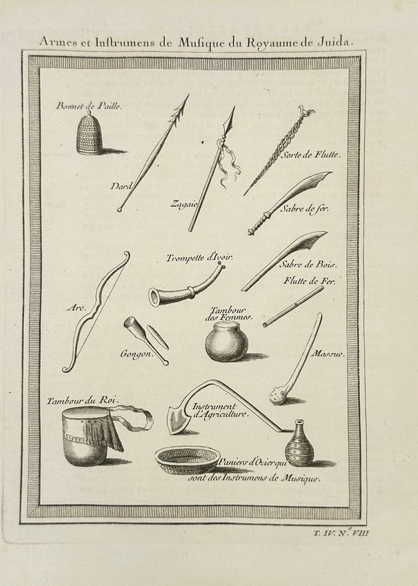 Jacques-Nicolas Bellin (after) – Weapons and Musical Instruments of the Kingdom: This original 18th-century copperplate engraving titled Armes et Instrumens de Musique du Royaume de Juida presents a detailed ethnographic survey of traditional weaponry, musical instruments, and too