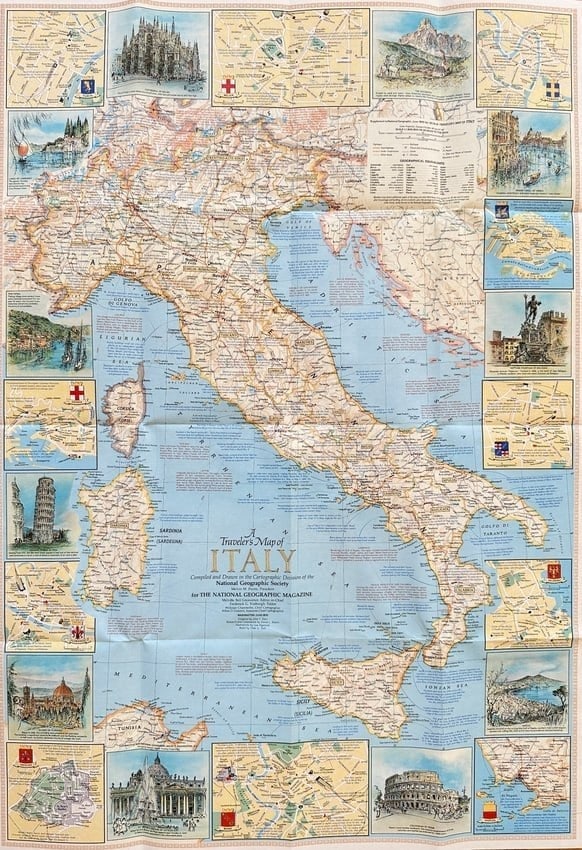 National Geographic Society – Traveler’s Map of Italy with Illustrated Insets – Folding Map: This richly detailed map of Italy was produced by the Cartographic Division of the National Geographic Society and issued as a supplement to the National Geographic Magazine in 1970. Designed as both 