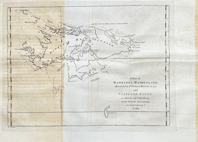 James Cook – Chart of Hawkins's Maidenland and Falkland Sound – Engraving: This detailed engraving presents a historical "Chart of HAWKINS'S MAIDENLAND," an early designation for part of the Falkland Islands, alongside "FALKLAND SOUND." The map meticulously delineates the in