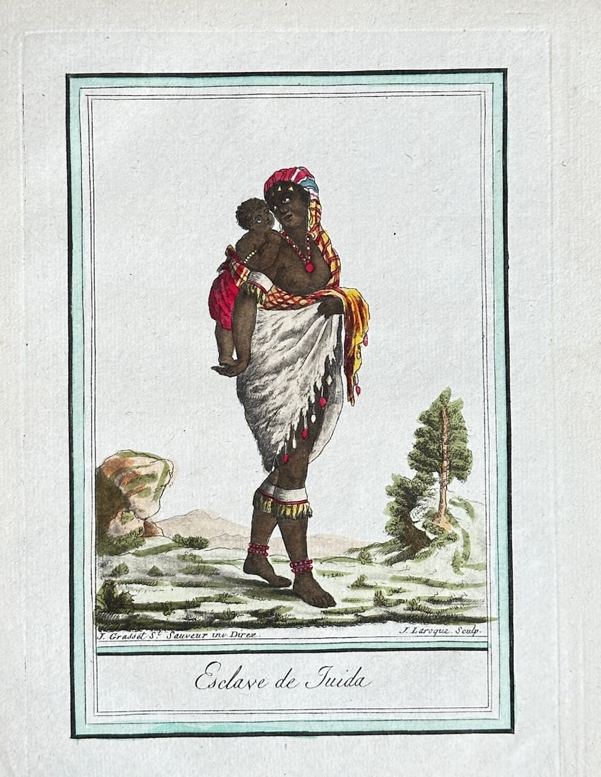 Jean-Baptiste-Louis-Claude Grasset de Saint-Sauveur – Slave of Whydah - Hand-coloured engraving: This hand-coloured engraving depicts a woman from Whydah, in modern-day Benin, identified as a slave, carrying a child on her back. The illustration, from the late 18th-century publication Les Costume