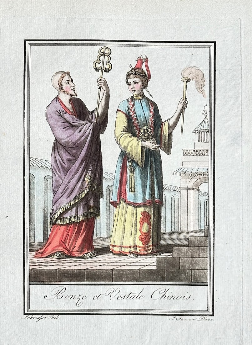 Jean-Baptiste-Louis-Claude Grasset de Saint-Sauveur – Chinese Bonze and Vestal - Engraving: This hand-coloured engraving depicts a Chinese Bonze (Buddhist monk) and a female figure identified as a "Vestal." The figures are shown in a detailed ceremonial setting, reflecting the spiritual and