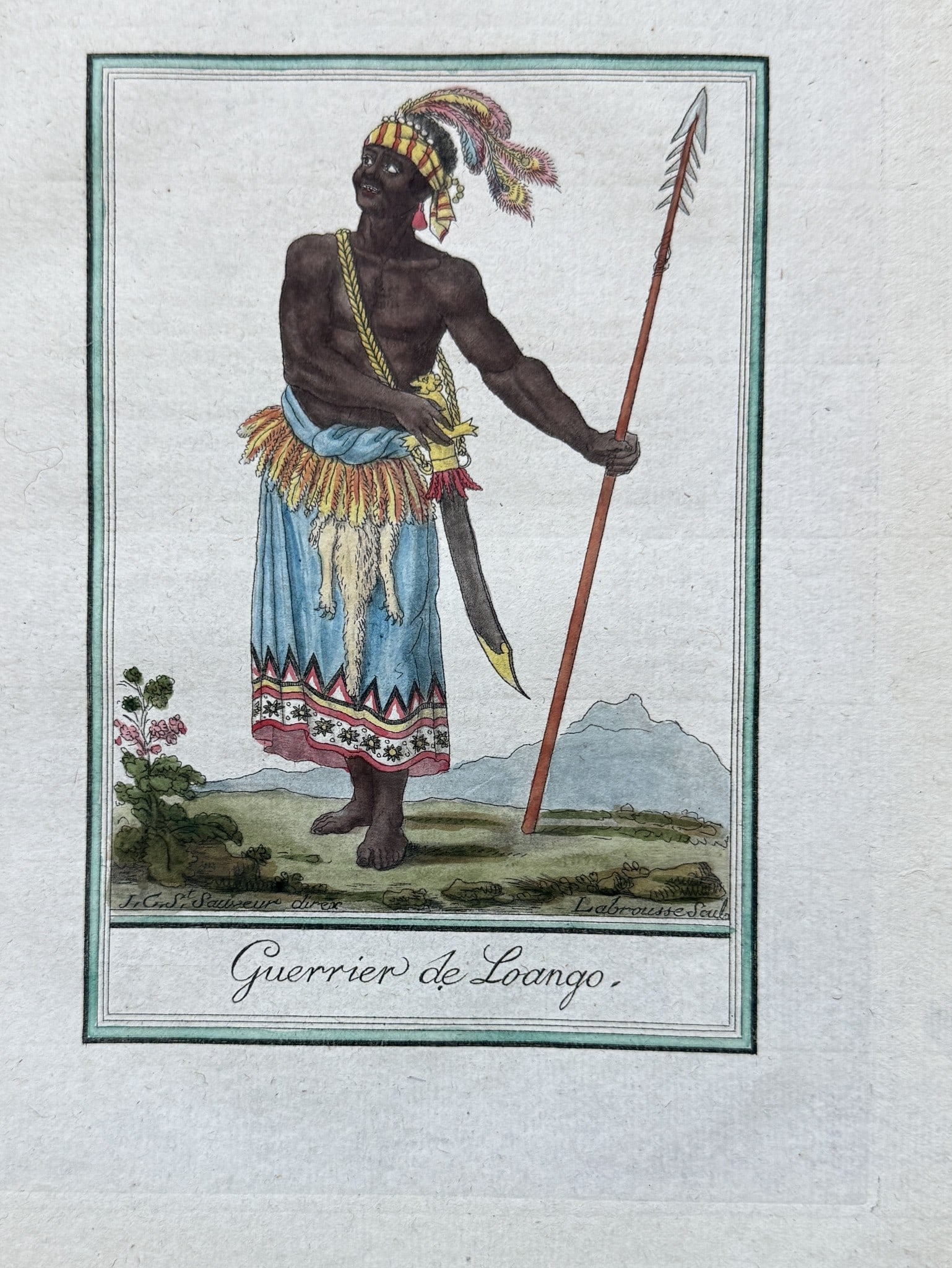 Jean-Baptiste Labrousse (fl. 1770s-1790s) – Guerrier de Loango  - Hand-colored Engraving (1 of 3)
