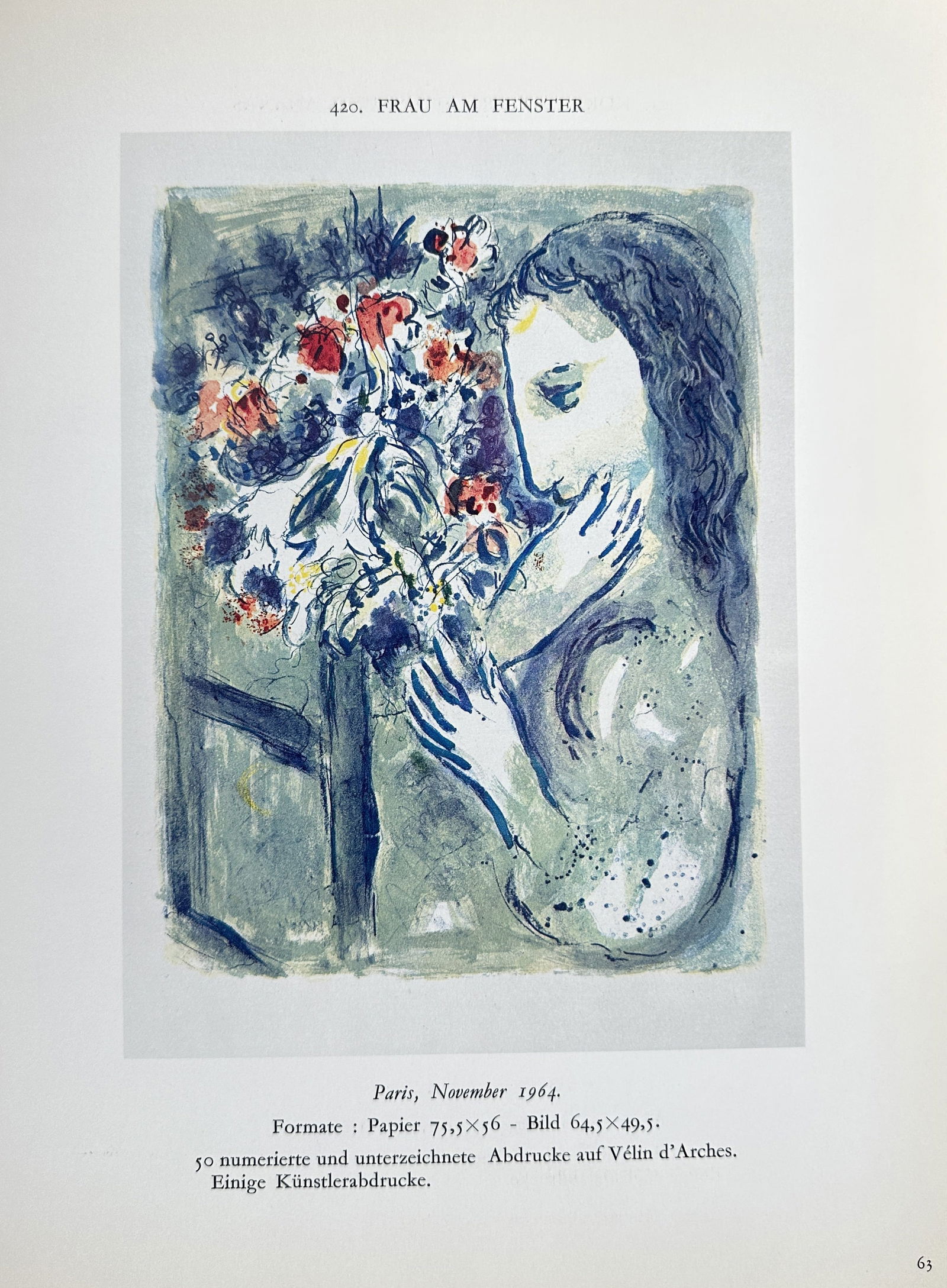 Marc Chagall (1887–1985) – Woman at the Window – Lithograph (1964): This lithograph by Marc Chagall is titled Woman at the Window. The composition depicts a woman in a contemplative pose, holding a bouquet of flowers. The print is from a numbered and signed edition, s