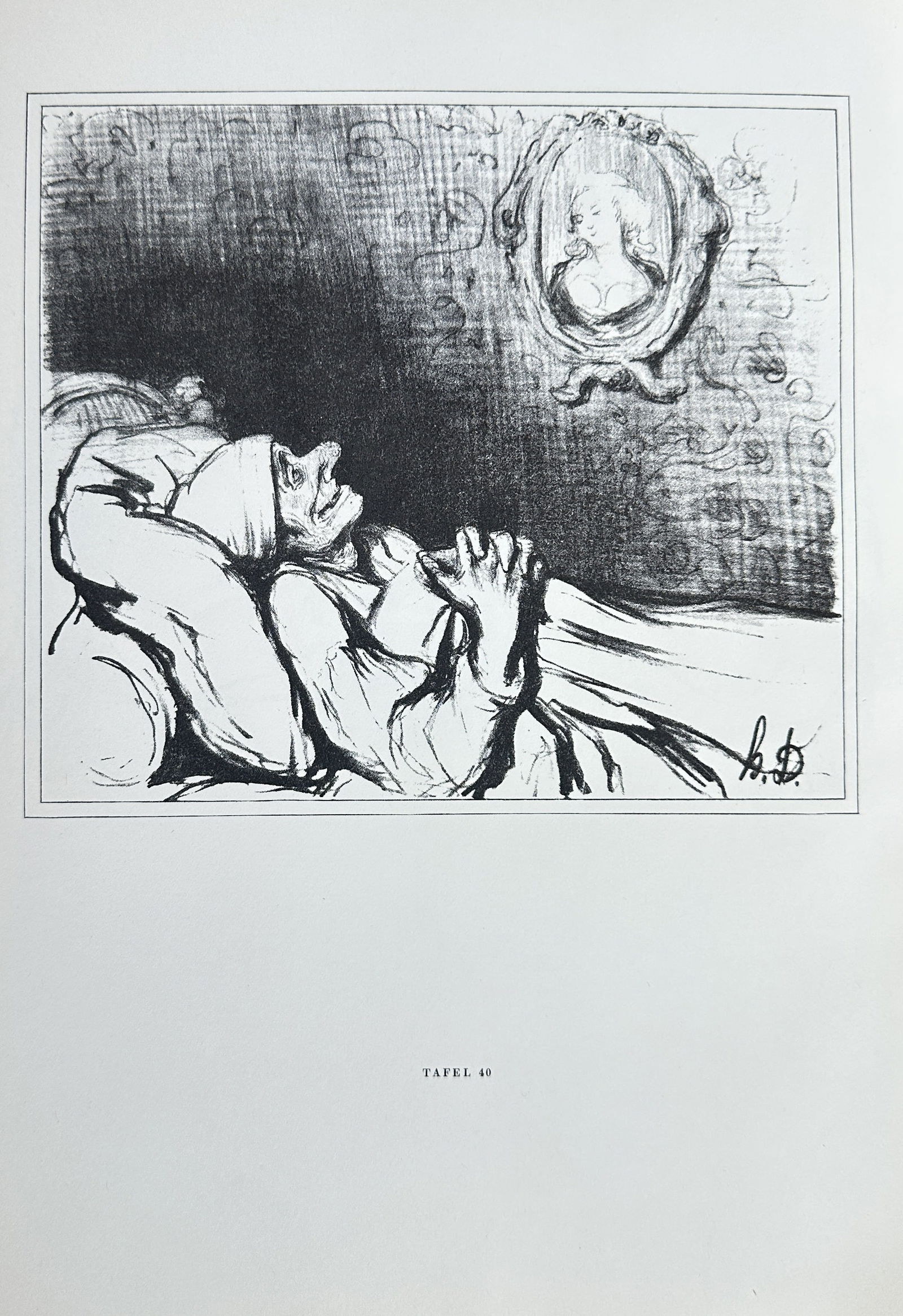 Honoré Daumier (1808–1879) – Souvenirs – Lithograph (1840): This lithograph by Honoré Daumier is a work titled Souvenirs. The composition depicts an old woman lying in bed, looking up at a framed portrait of her younger self on the wall, capturing a theme of