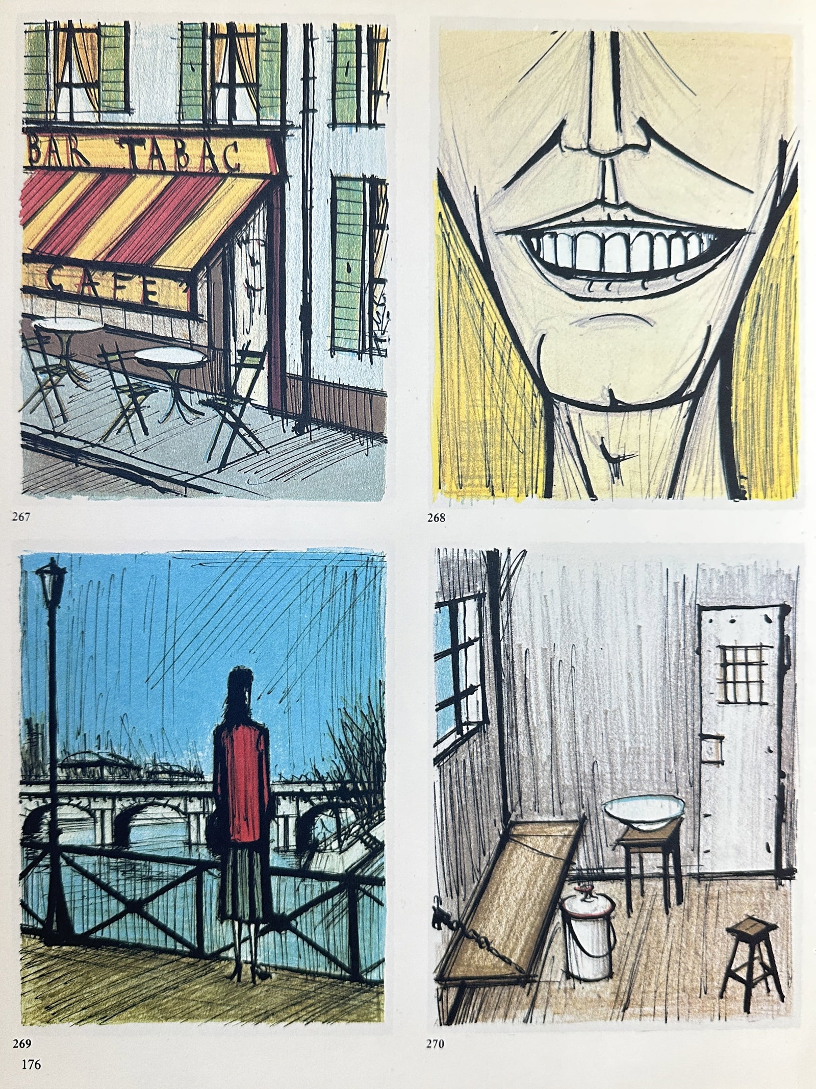 Bernard Buffet (1928-1999) – Four Scenes: Cafe, Face, Figure on a Bridge, Interior – Lithograph (1 of 3)