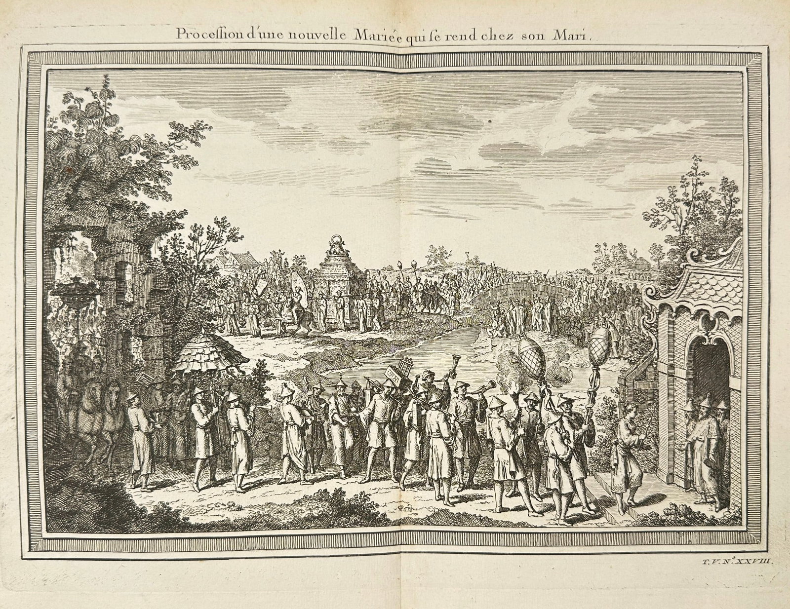 Jakob van der Schley after Antoine-François Prévost – Procession of a New Bride: This finely executed copperplate engraving illustrates a ceremonial bridal procession, likely representing local customs observed during European voyages in Asia or the Middle East. The image comes fr