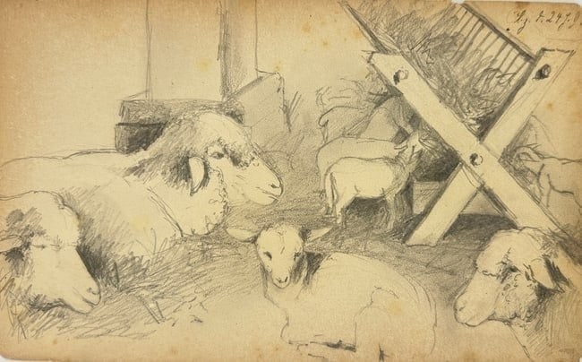 Unknown Artist – Study of Sheep in a Stable – Pencil Drawing (Late 19th Century) (1 of 2)