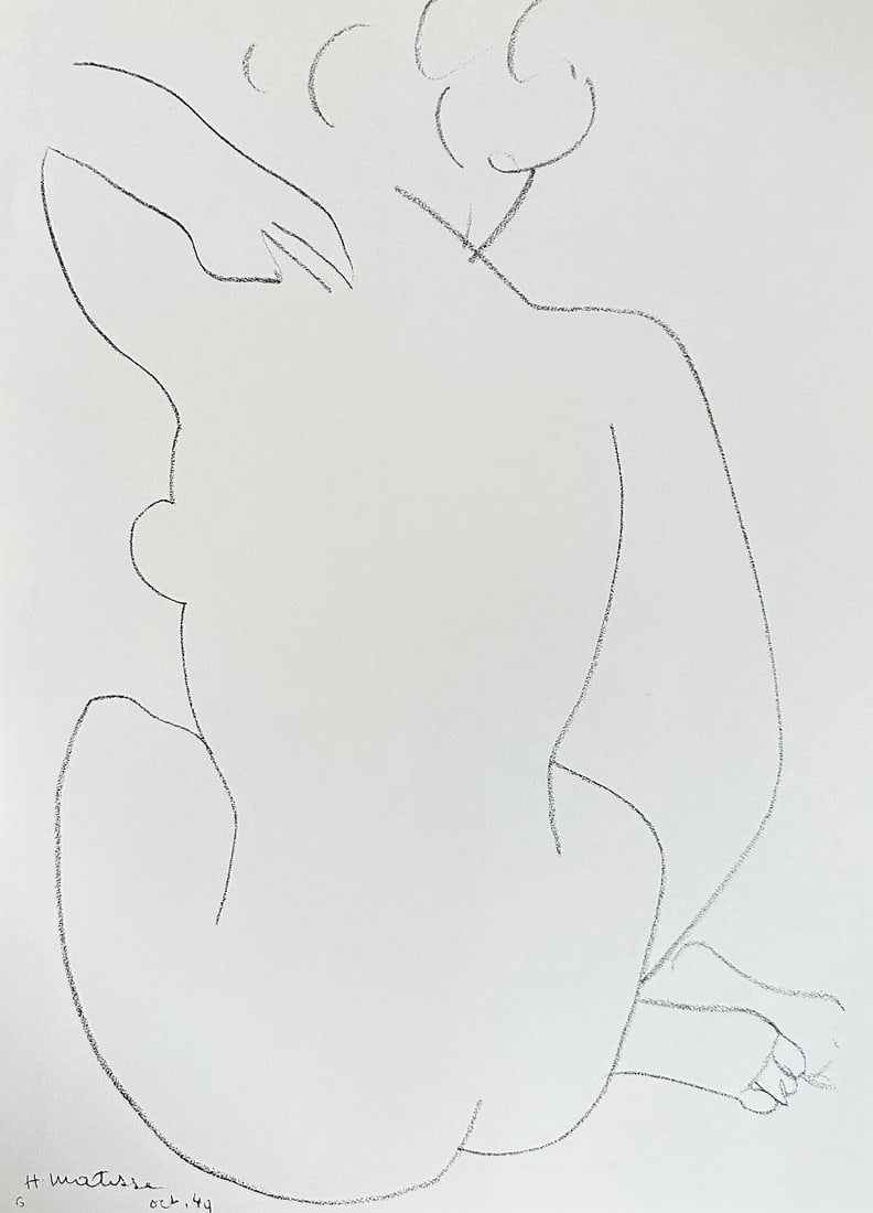 Henri Matisse (1869–1954) – Seated Nude – Lithograph (1949): This print is a lithograph of a drawing by Henri Matisse, featuring a seated female nude seen from behind. The figure is rendered with the artist's characteristic economy of line, using fluid, continu