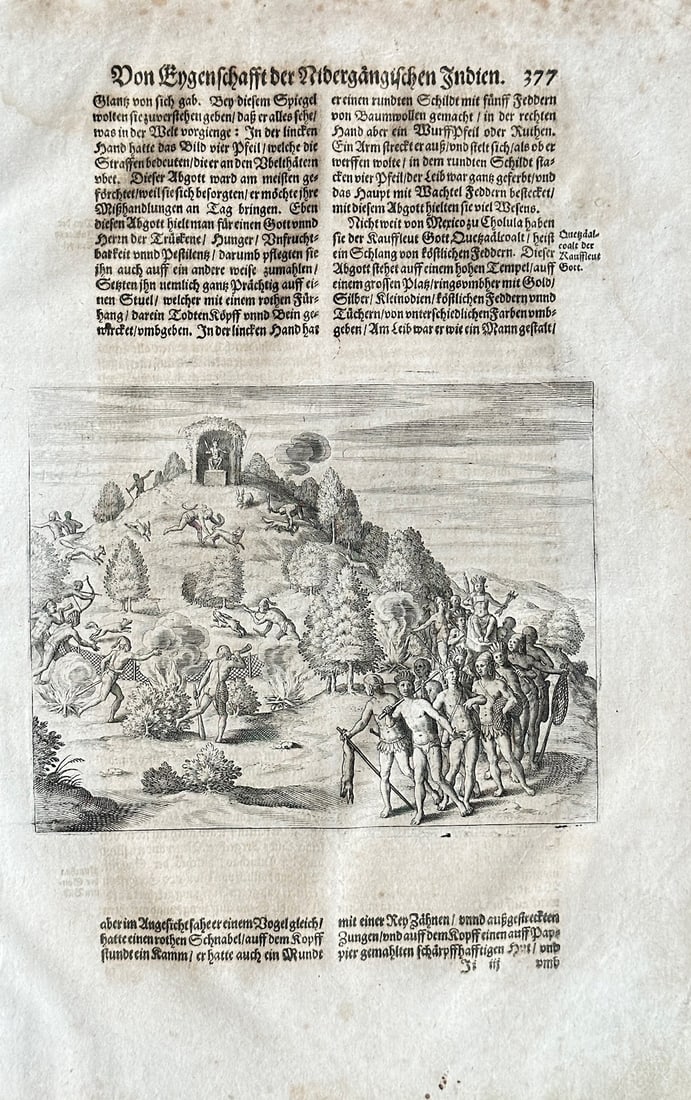 Matthäus Merian the Elder (1593–1650) – Aztec Hunt and Ritual – Engraving (1631): This engraving, from a work by the Merian family, depicts a dramatic scene of an Aztec hunt and ritual in the Americas. The illustration shows a group of indigenous people, some in ceremonial dress, g