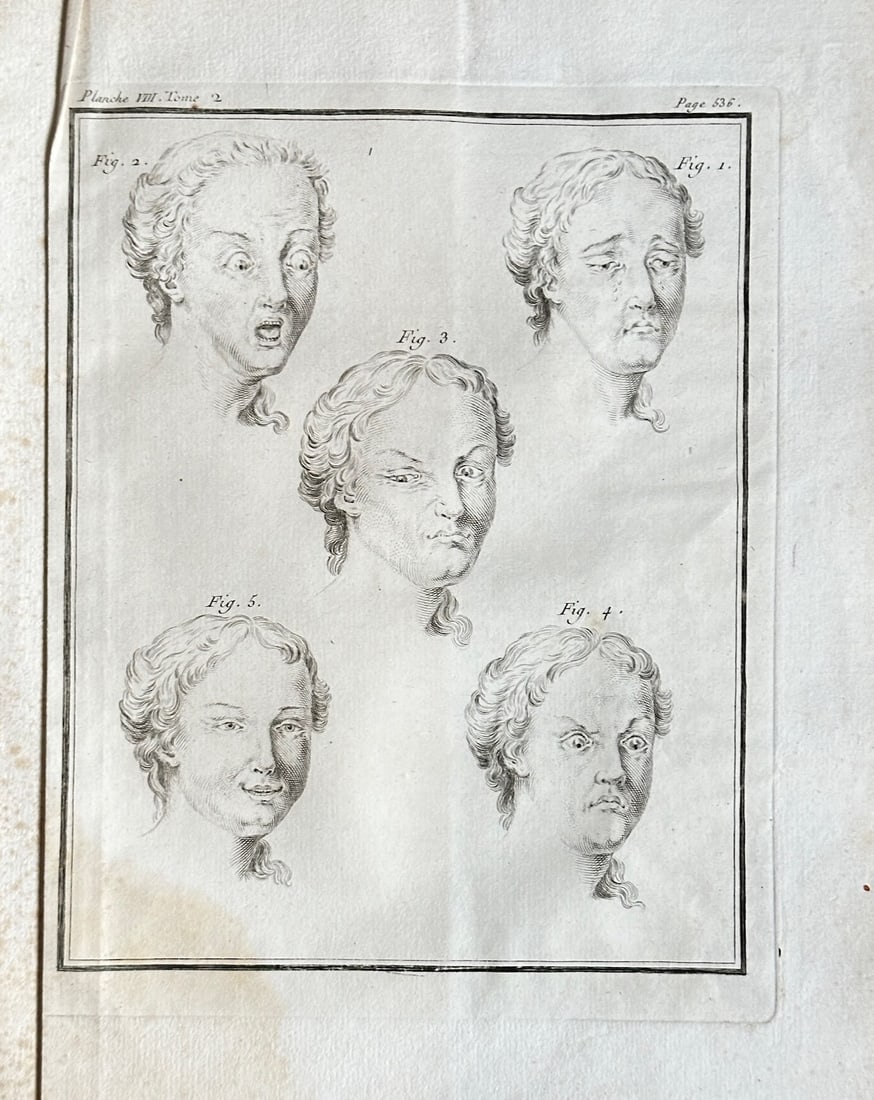 Georges Louis Leclerc, Comte de Buffon – Studies of Human Facial Expressions: This engraving, from Buffon's Histoire naturelle, depicts a series of five detailed studies of human facial expressions. The busts are arranged on the plate and numbered, with each figure conveying a 