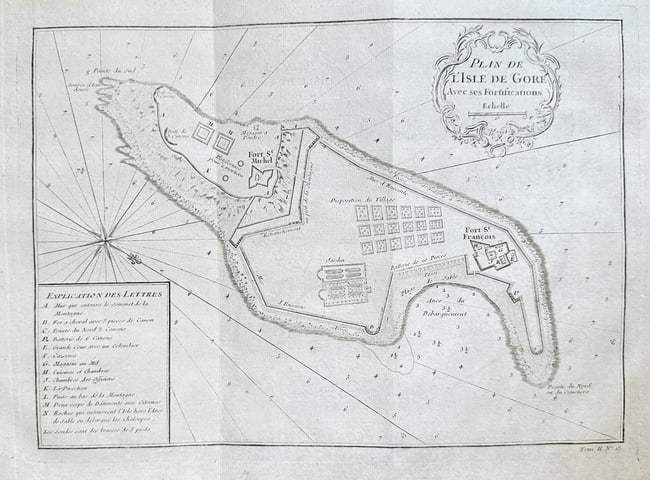 Jacques-Nicolas Bellin – Plan of the Island of Gorée with its Adjacent Forts: This detailed copperplate engraving by Jacques-Nicolas Bellin, titled "Plan of the Island of Gorée with its Adjacent Forts," provides a meticulous cartographic representation of Gorée Island, locate
