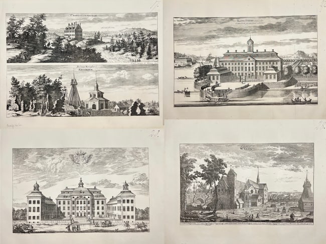 Erik Dahlberg – Set of 4: Topographical Views including Charlottenborg Krokek's: This set of four original decorative lithographs by Erik Dahlberg presents detailed topographical views from "Suecia antiqua et hodierna" (Ancient and Modern Sweden). The collection includes depiction