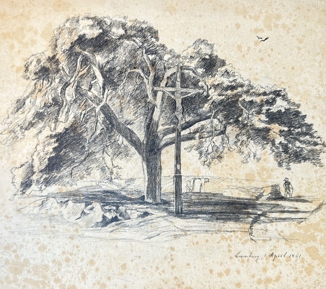 Louis Kolitz (1845–1914) – Landscape with Crucifix – Pencil Drawing (1861) (1 of 3)