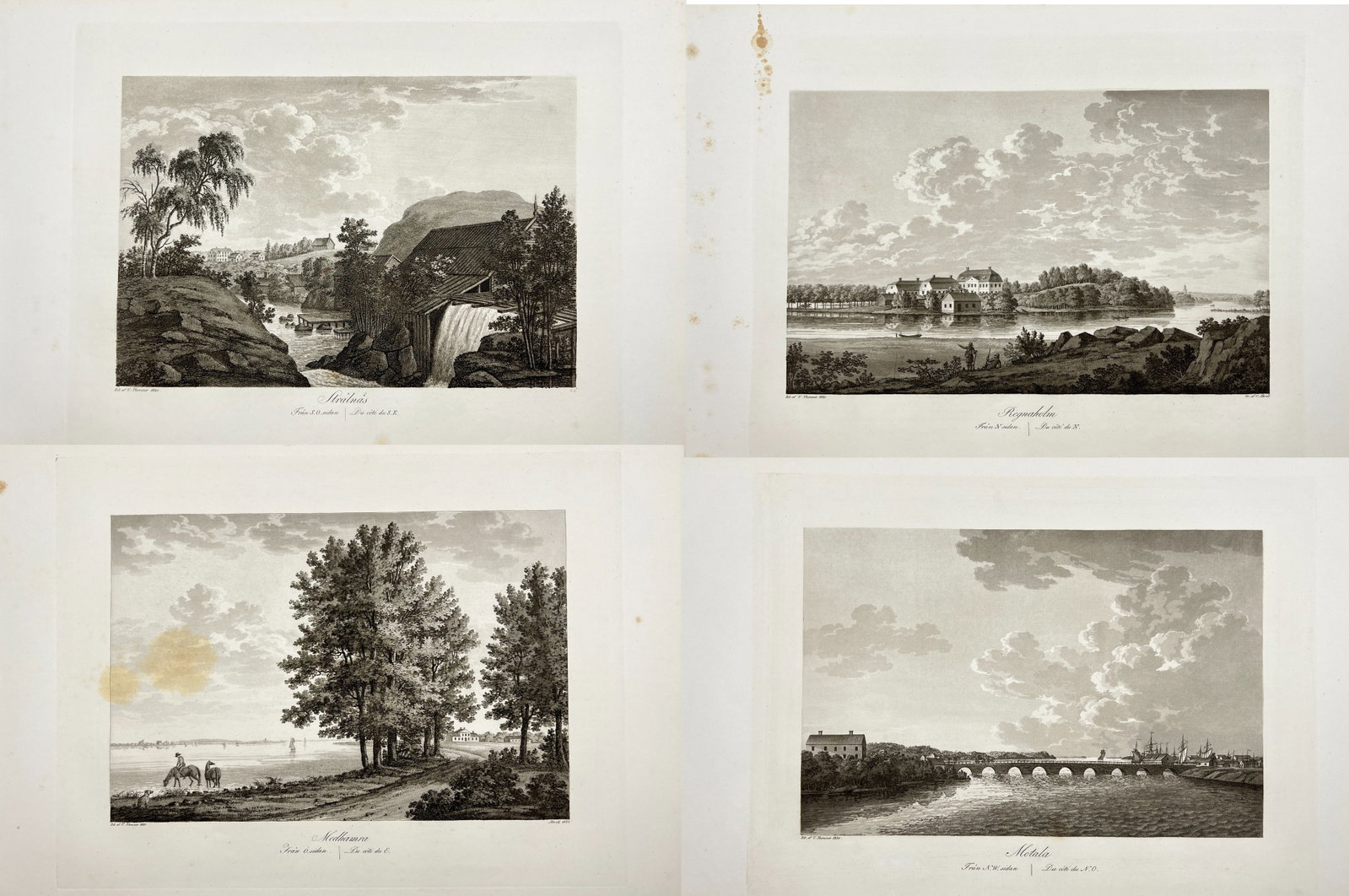 Ulrik Thersner (1779–1828) – Set of 4 Views of Swedish Locations (Motala, Stralsnas): This set of four engravings from the publication "Fordna och närvarande Sverige" presents detailed topographical views of historical Swedish estates and locations. The works depict Stralsnas, Regnaho