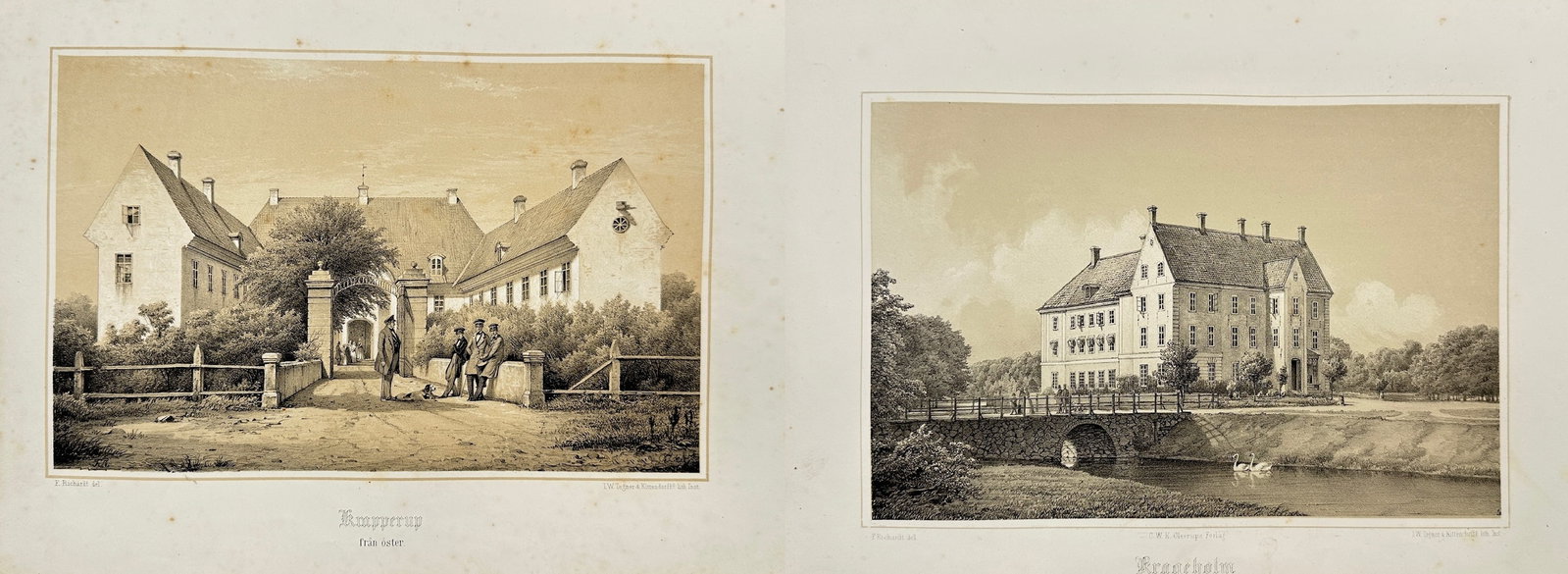 Ferdinand Richardt (1819–1895) – Two Views of Danish Estates – Chromolithographs (1863): This set of two chromolithographs by Ferdinand Richardt features views of Danish estates. The works depict Rapperup From Cheese and Krageholm From the South West, both rendered with the artist's chara
