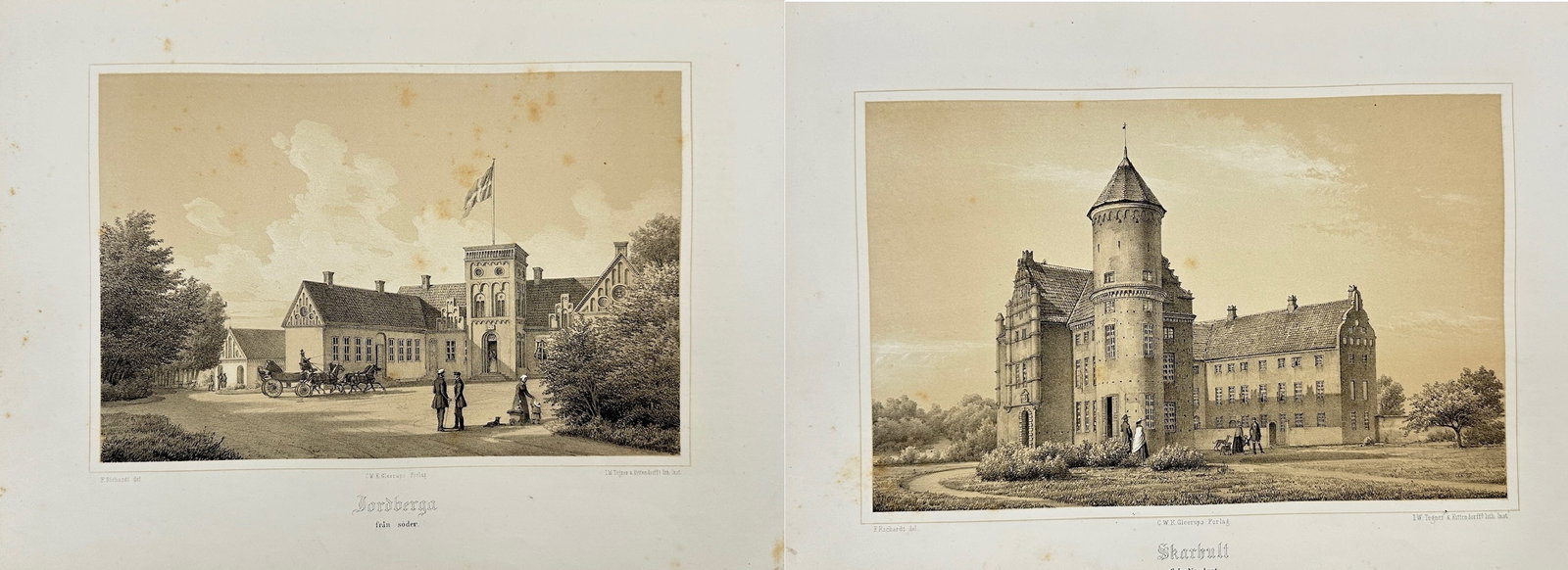 Ferdinand Richardt (1819–1895) – Two Views of Danish Estates: Jordberga and Scurvy –: This set of two chromolithographs by Ferdinand Richardt features detailed views of Danish estates. The works depict Jordberga From the South and Scurvy from the Northeast, both rendered with the artis