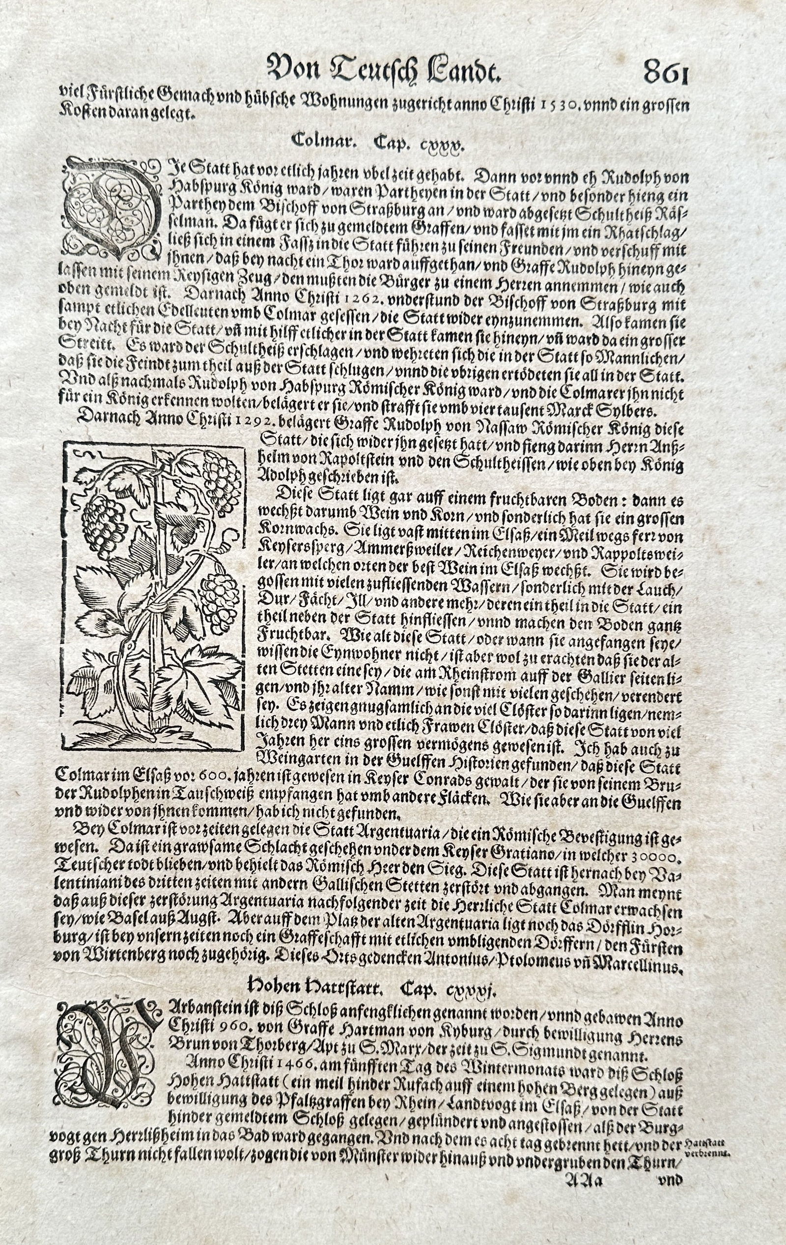 Sebastian Münster (1488–1552) – Two Architectural Woodcuts on a Page of Text – Woodcut (1544) (1 of 3)