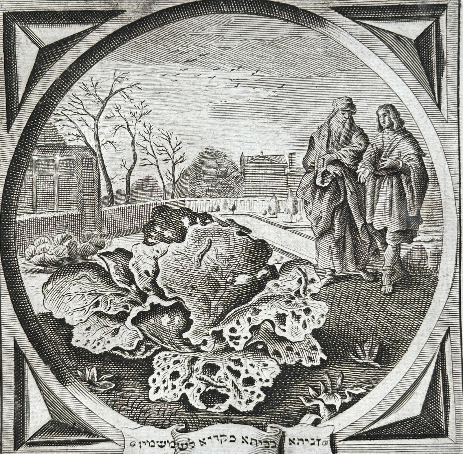 Jacob Cats (1577–1660) – A Caterpillar on a Cabbage – Engraving (17th Century): This engraving, a plate from a Dutch illustrated publication, presents a genre scene titled A Caterpillar on a Cabbage. The work is a visual allegory depicting a man and a woman in a rural setting, st