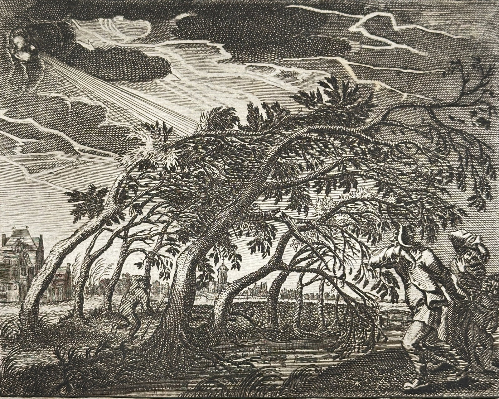 Jacob Cats (1577–1660) – Trees Bending in the Wind – Engraving (1625): This engraving, a plate from the Dutch publication Hof-gedachten, presents a landscape titled Trees Bending in the Wind. The work is an allegory that visually represents a moralistic text by Jacob Cat