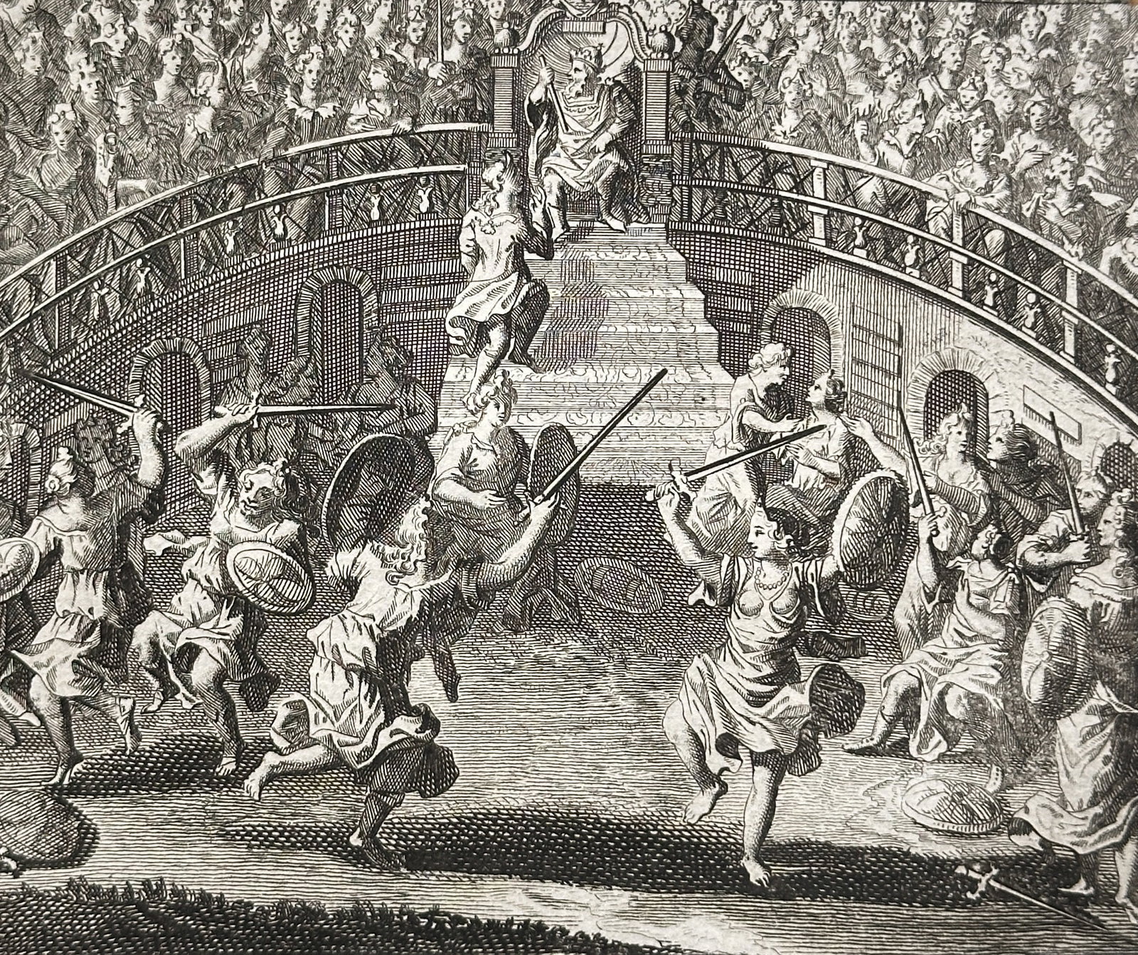 Jacob Cats (1577–1660) – Arena Scene of Rural Life – Engraving (17th Century): This engraving, a plate from a Dutch illustrated publication, presents a genre scene titled Arena Scene of Rural Life. The work depicts a crowd of people gathered in an arena, watching a performance o