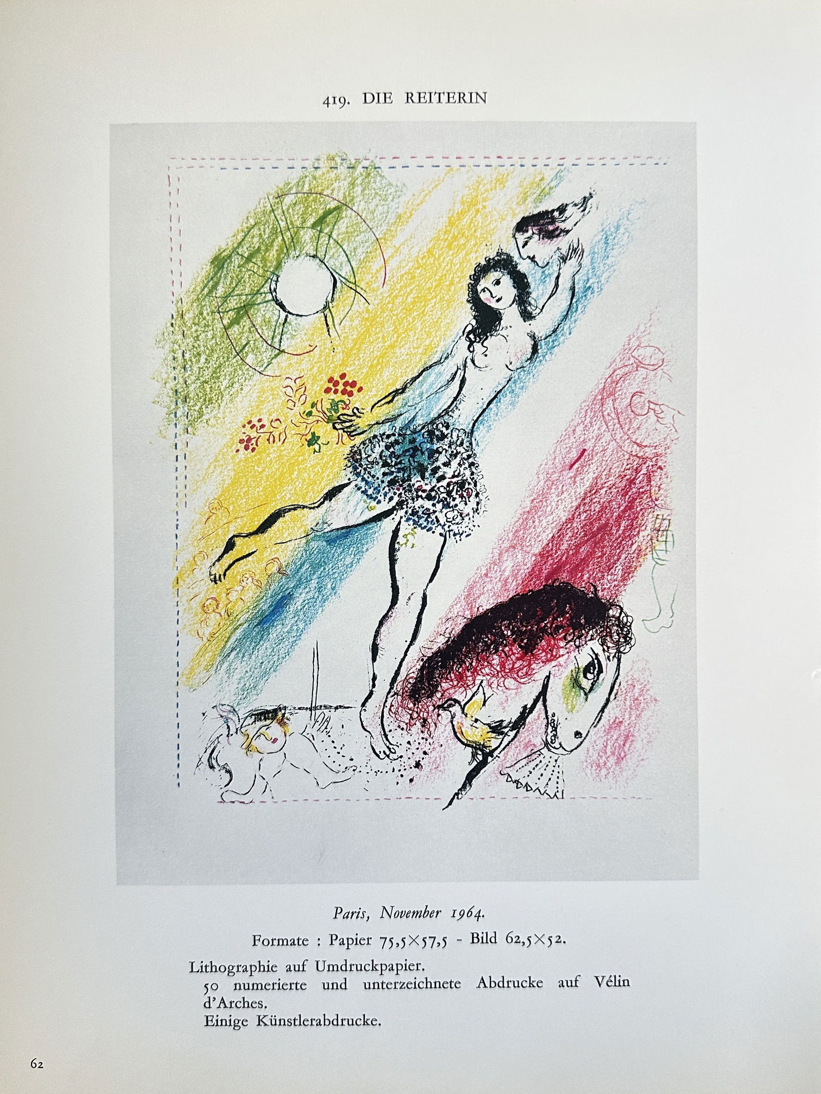 Marc Chagall (1887–1985) – L'ÉCUYÈRE (The Horsewoman) – Lithograph (1964): This lithograph depicts a horsewoman with a vibrant, colorful background that includes elements of a circus scene. The work, created in Paris, is from a limited, signed edition of 150 copies. Marc Cha